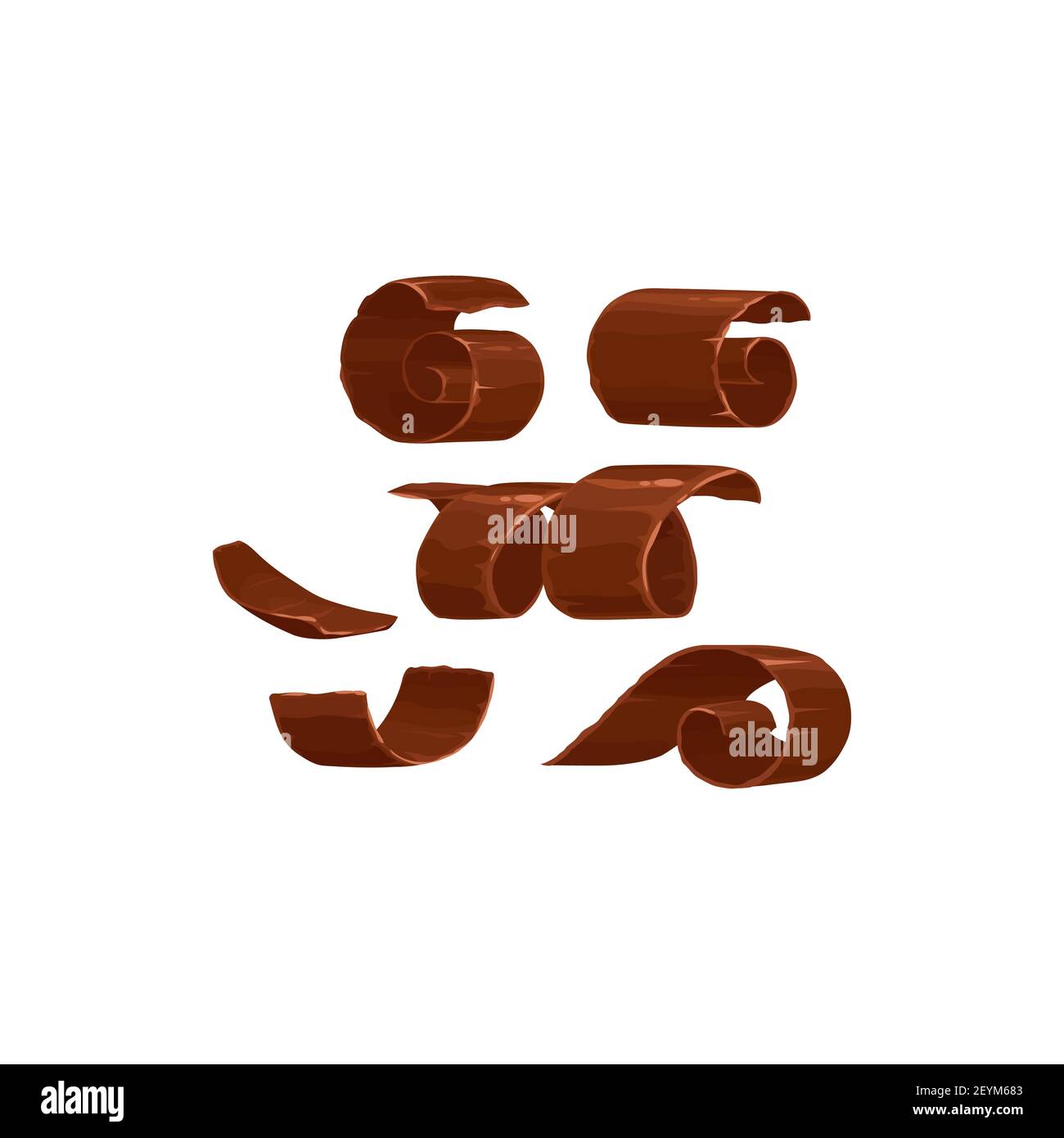 Schokoladenspäne oder Stück Locken von Milch oder dunkle Schokolade, Vektor isolierte Symbole. Schokoladenspäne und Spiralrollen, Kakaofutter und Süßigkeiten süß de Stock Vektor