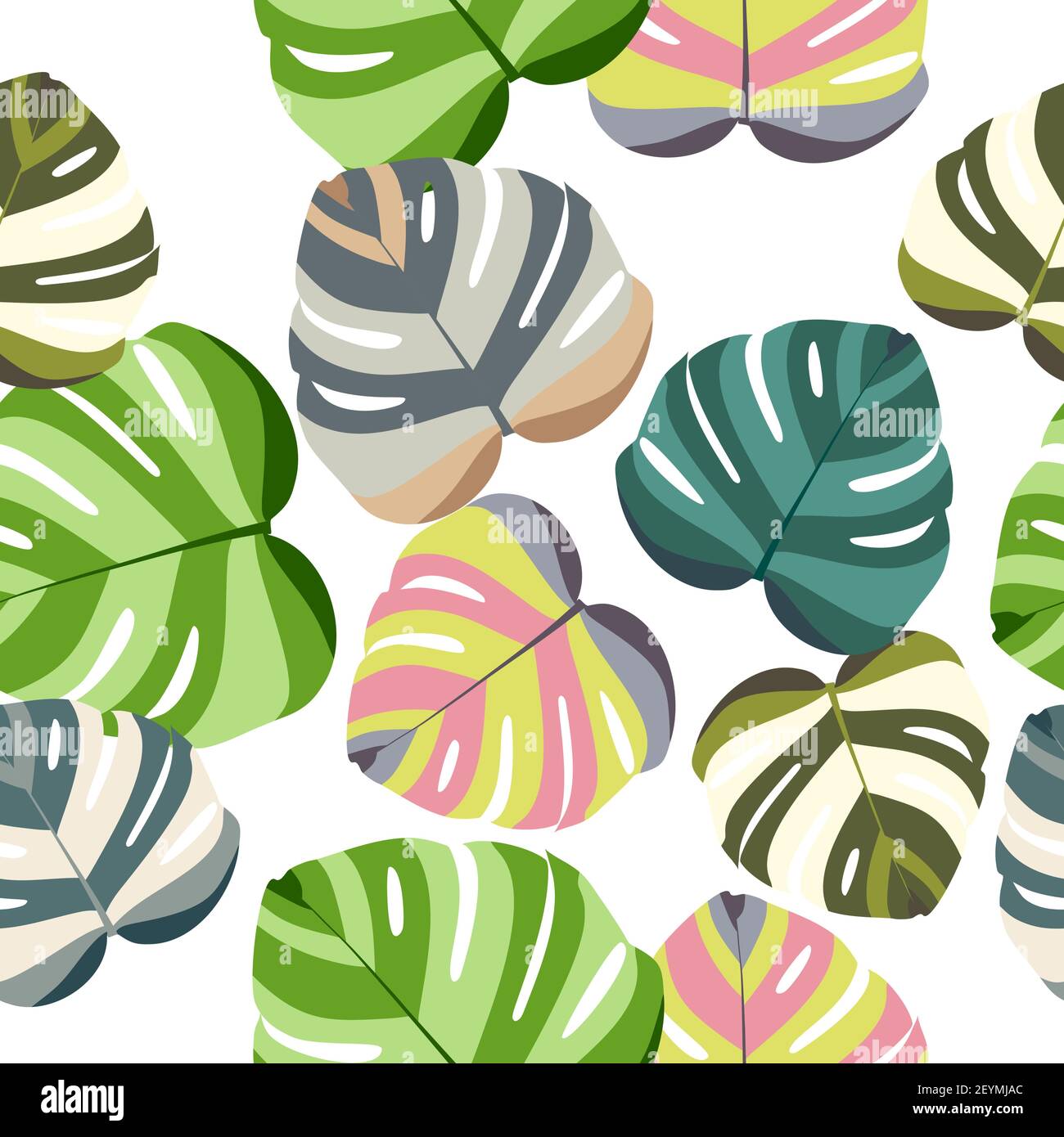 Monstera Blatt nahtlose Muster, bunte Blumenmuster isoliert auf weißem Hintergrund. Tropische Blätter, Vektorgrafik Stock Vektor