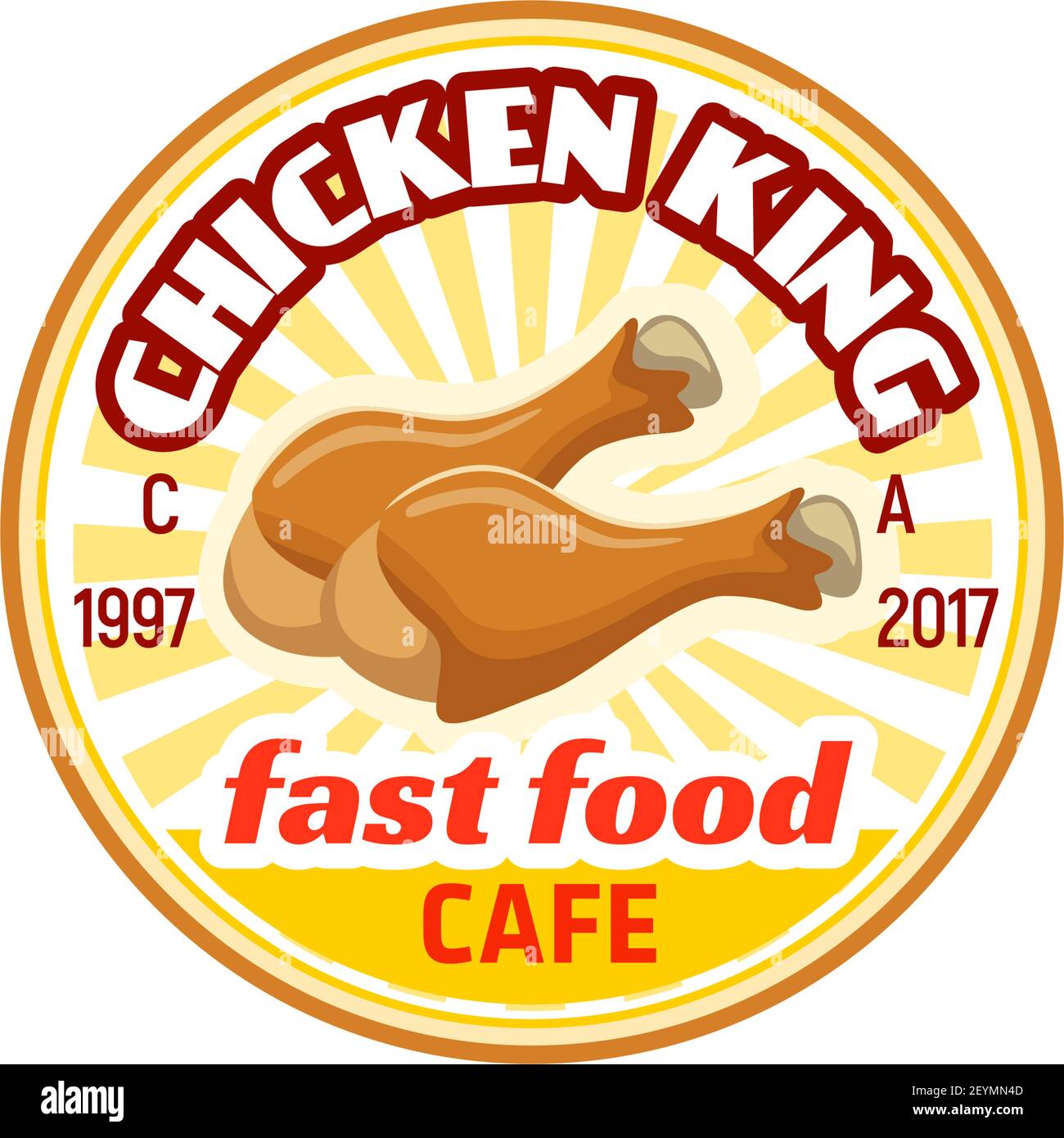 Huhn König Fast-Food-Café Vektor-Symbol isoliert auf weißem Hintergrund. Street Food Café oder Restaurant Vektor-Abzeichen. Symbol für Fleischgericht und ungesunde f Stock Vektor
