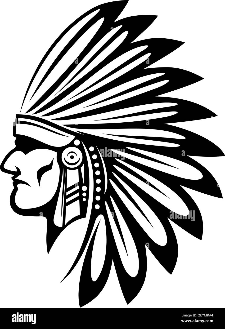 indianischer ureinwohner in gefiedertem Kopfschmuck isolierter Kopf. Vektor Tribal Chef in Feder Hut Stock Vektor
