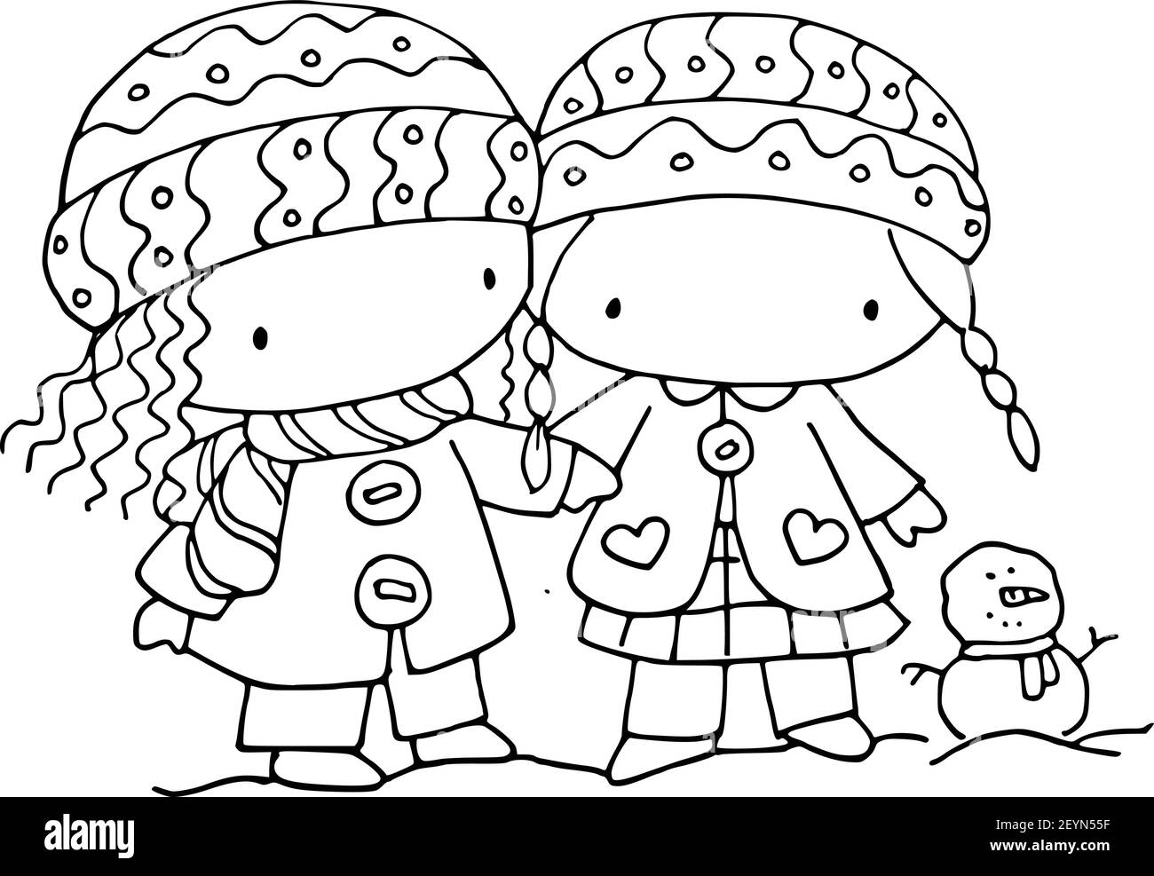 vektor Cartoon schwarz und weiß Mädchen halten Hand Stock Vektor