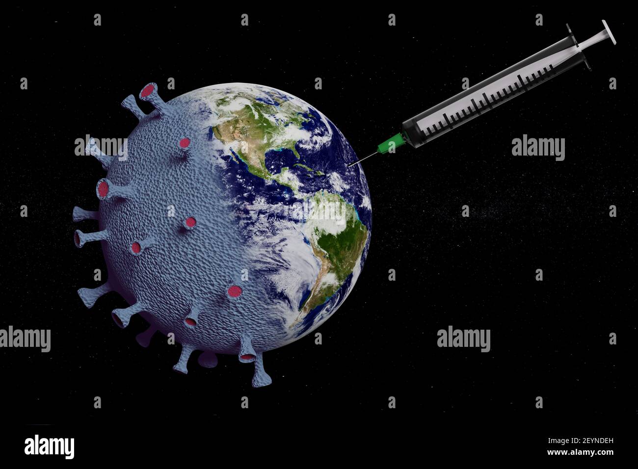 Planet Erde mit Coronavirus-Form erhält nach der Impfung wieder sein normales Aussehen. 3D Abbildung. Stockfoto