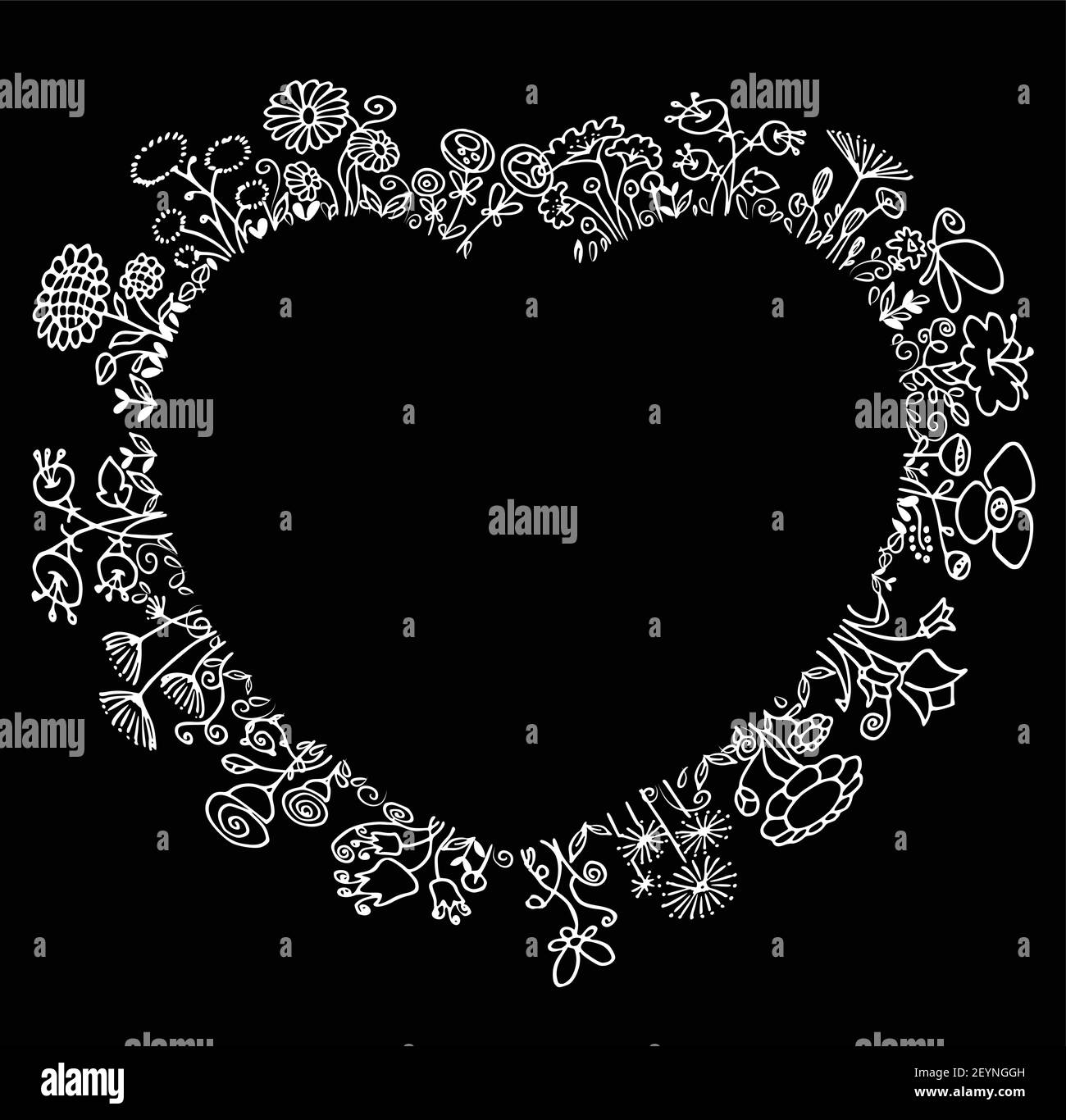 vektor schwarz und weiß Blumen Herz Form Rand Hintergrund Stock Vektor