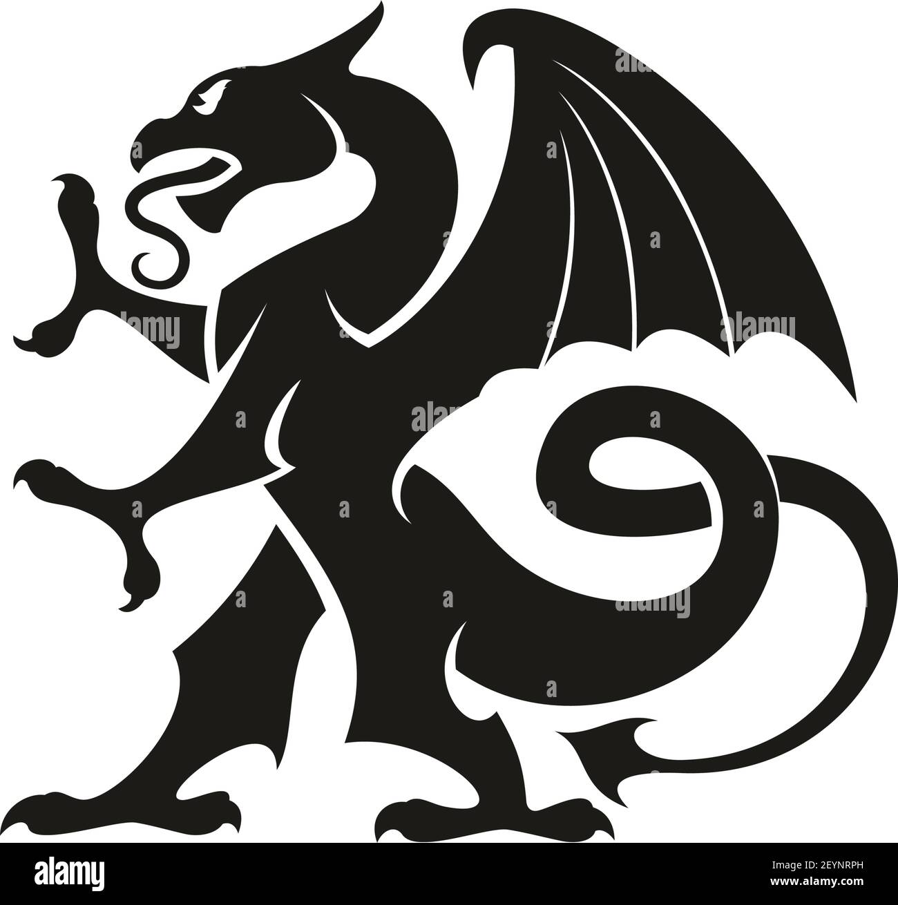 Schwarzer Drache isoliert heraldischen Tier Silhouette. Vektor Kreatur mit Adlerflügeln, Beinen und Löwenschwanz Stock Vektor