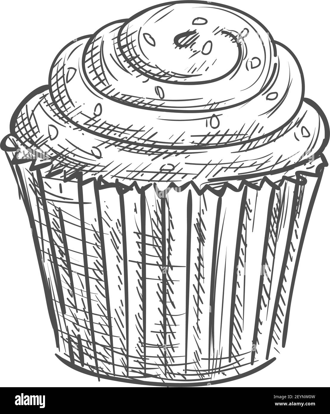Cupcake mit Zucker Glasur isoliert Muffin Skizze dekoriert. Vector Karamell Geburtstagskuchen Stock Vektor
