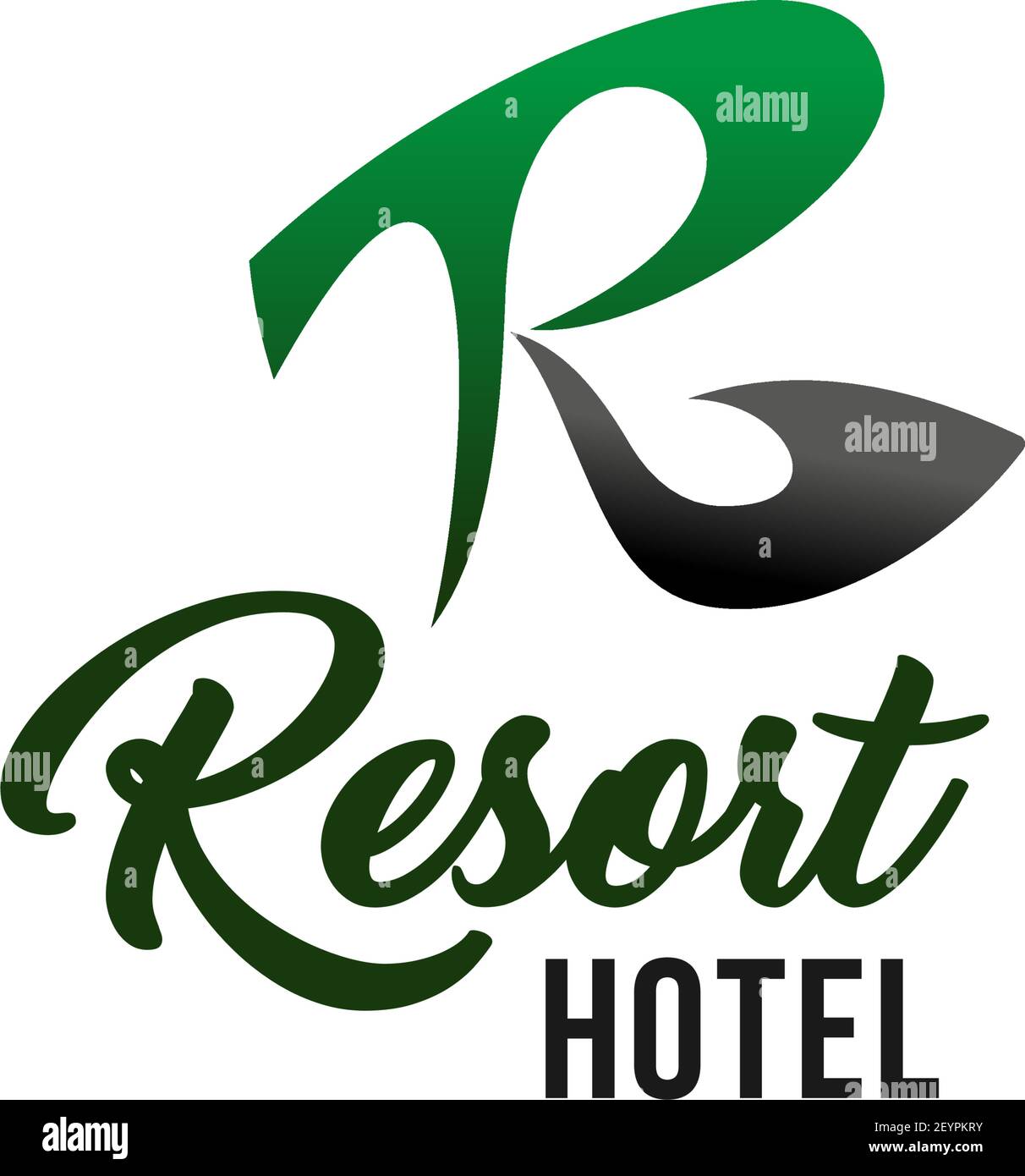 Vorlage für Visitenkarten des Resort Hotels mit schwarzem und grünem R-Großbuchstaben. Corporate Identity abstraktes Emblem für Reisebüro, Spa Resort, Hotel ser Stock Vektor