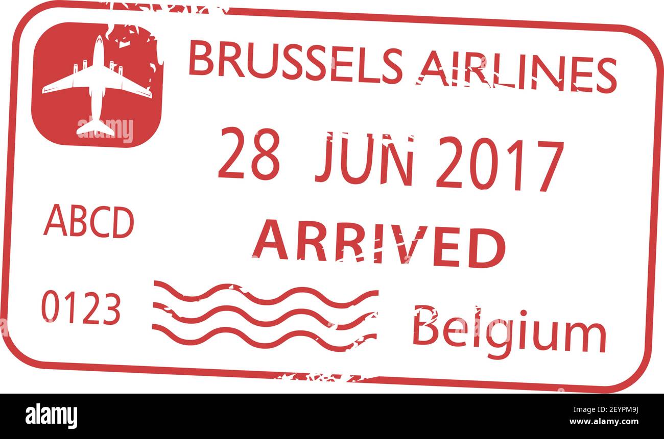 Belgien Visa-Stempel isoliert, von Brussels Airlines angekommen. Vector Grunge Passkontrolle Zeichen Stock Vektor