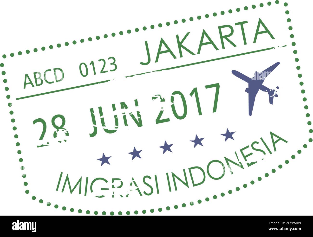 Jakarta Einwanderungsbehörde Visa-Stempel isoliert. Vektor Indonesien Grenzkontrollschild, Flugzeug und Datum Stock Vektor