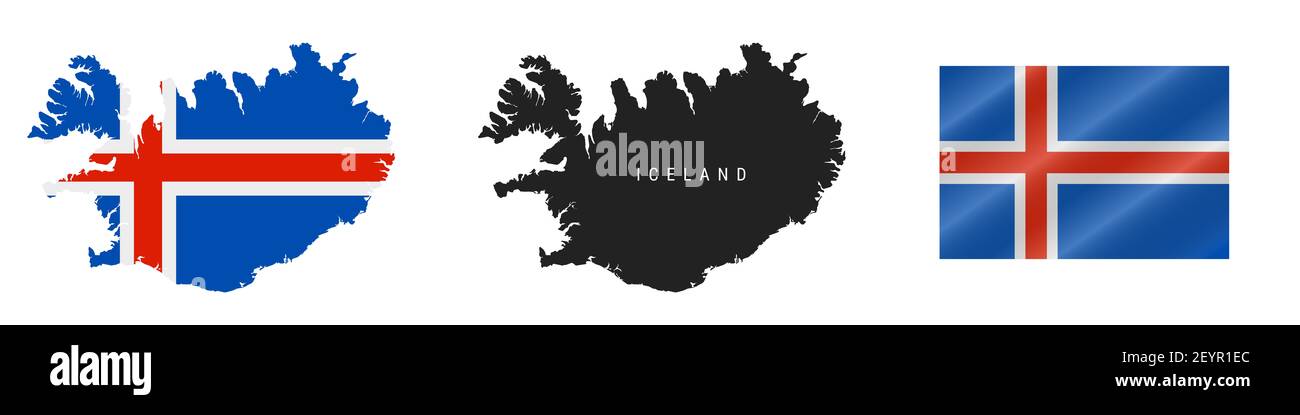 Island. Karte mit maskierter Flagge. Detailreiche Silhouette. Winkende Flagge. Illustration isoliert auf weiß. Stockfoto