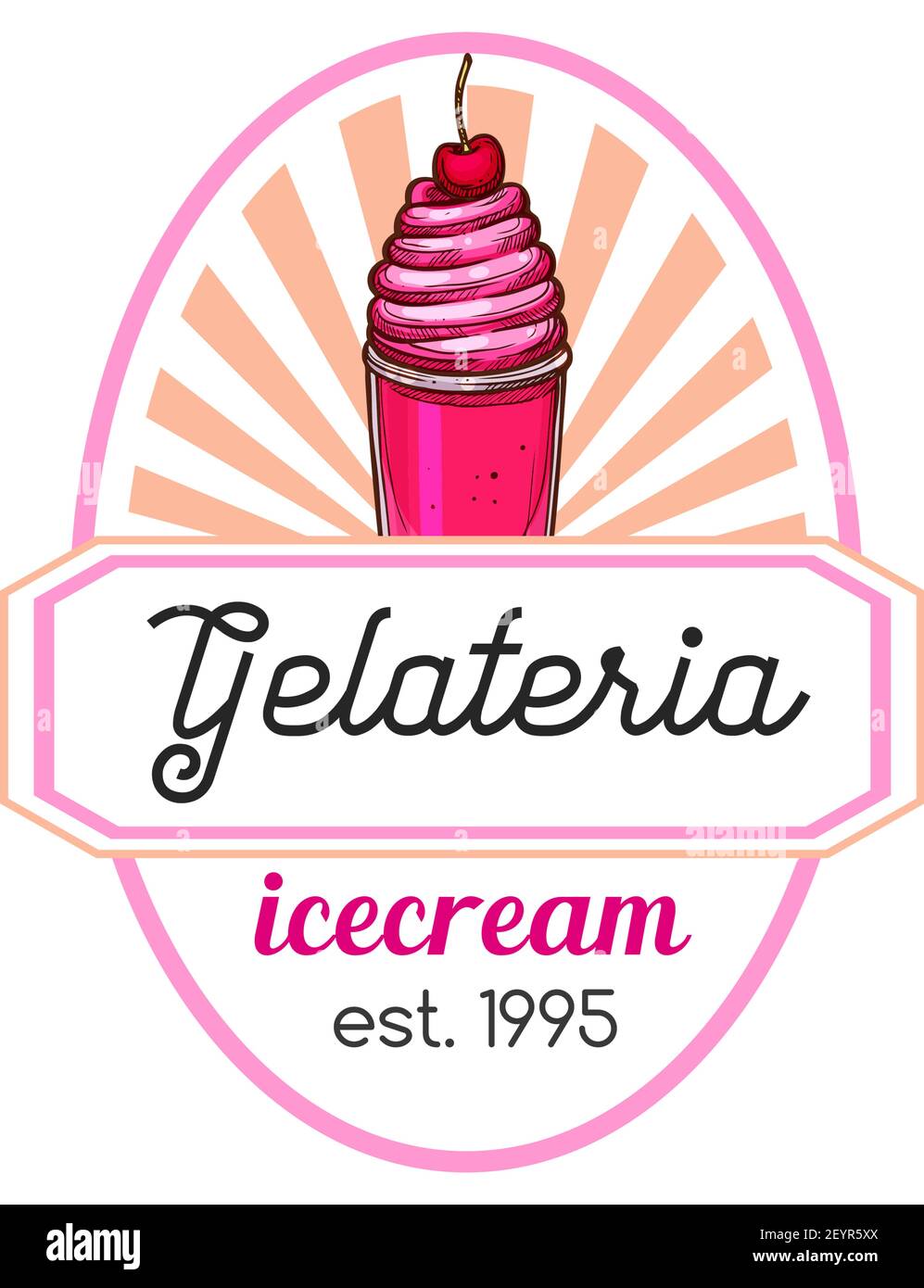 Eis-Ikone für Eisdielen mit Kirsche. Vector süße gefrorene Dessert Gelato oder Sorbet Schaufel in Wafer-Kegel für Café-Eis oder Stock Vektor