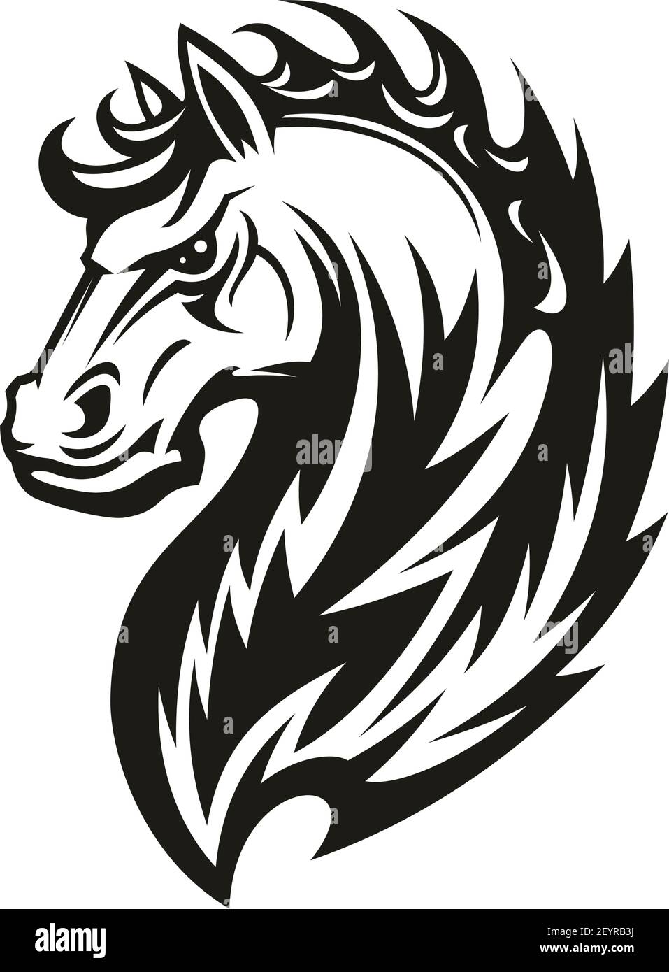 Pferdekopf-Ikone des schwarzen Stammestieres. Wilder Mustang Hengst oder Stute mit gebogenem Hals und Ziermähe für Tattoo, Pferderennen Sport Maskottchen oder T- Stock Vektor