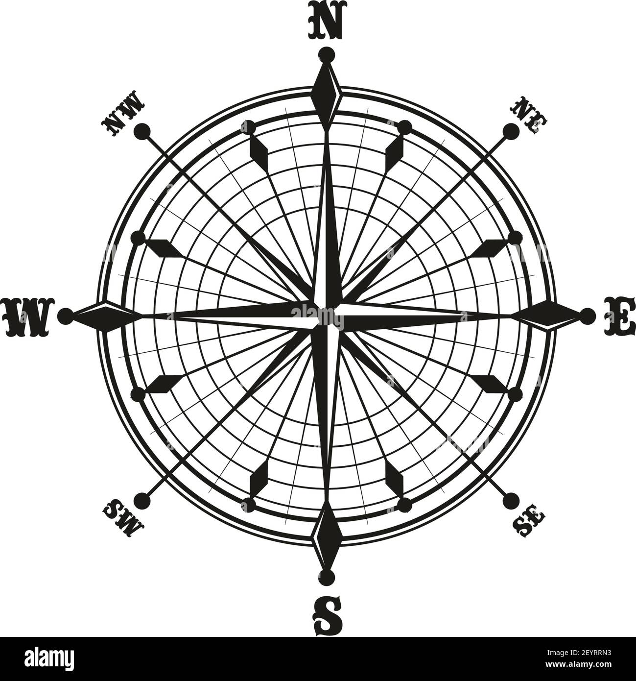 Symbol für den Kompass für die Seenavigation. Vektor monochrome Rose des Windes, Zifferblatt zeigt Länge und Breite Stock Vektor