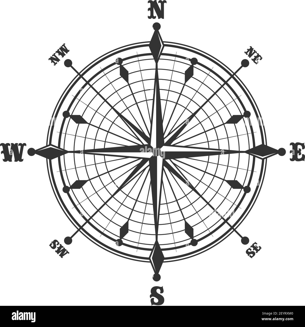 Kompasssymbol und -Zeichen, isoliertes Vektor-Seenavigationselement. Rose des Windes heraldic monochrome Zeichen mit Weltseiten, Norden und Süden, Westen und Stock Vektor