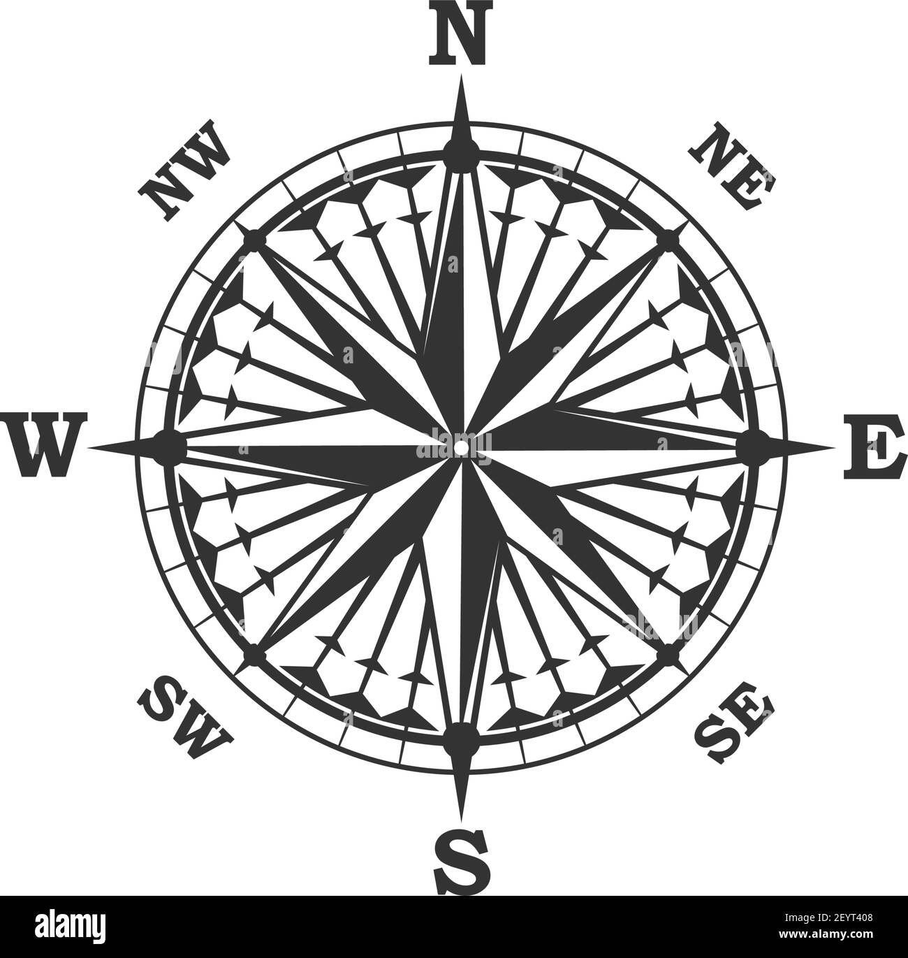 Kompasssymbol und -Zeichen, isoliertes Vektor-Seenavigationselement. Rose des Windes heraldic monochrome Zeichen mit Weltseiten, Norden und Süden, Westen und Stock Vektor