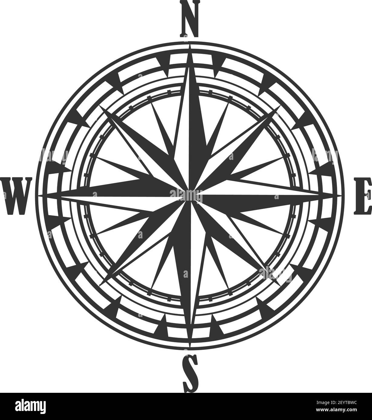 Kompasssymbol und -Zeichen, isoliertes Vektor-Seenavigationselement. Rose des Windes heraldic monochrome Zeichen mit Weltseiten, Norden und Süden, Westen und Stock Vektor