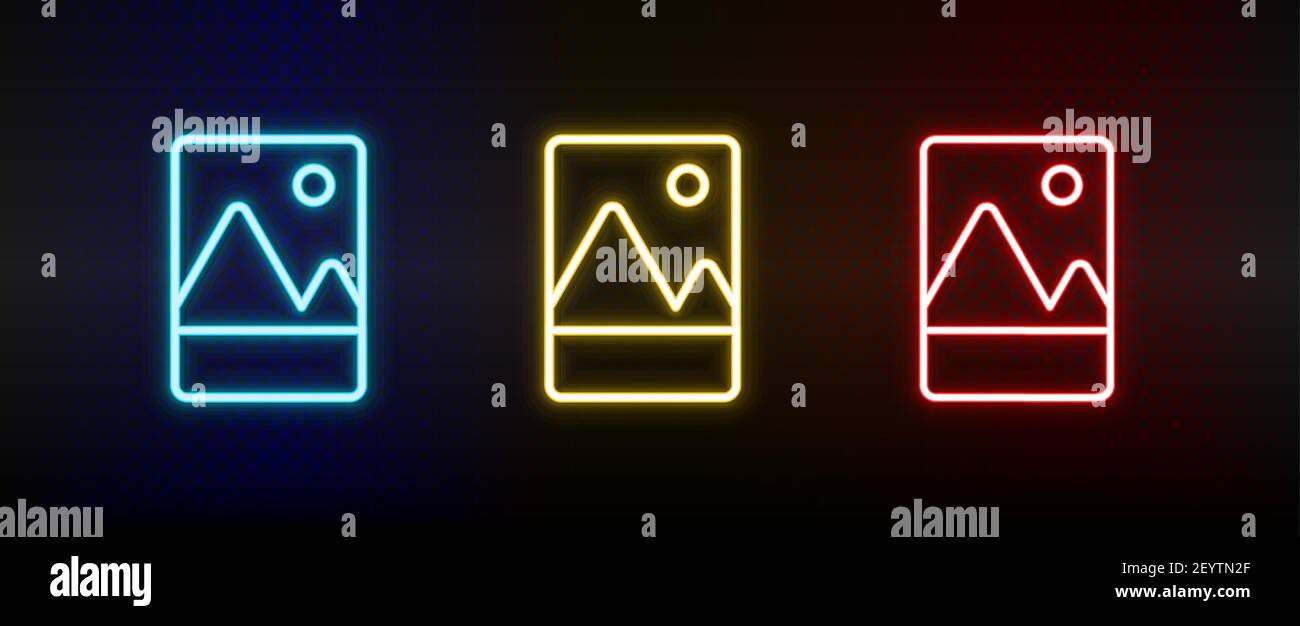 Berge, Foto Neon Icon Set. Satz von roten, blauen, gelben Neon-Vektor-Symbol Stock Vektor