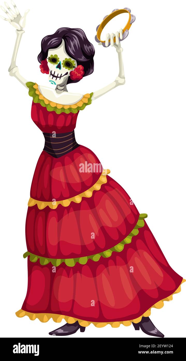 Mexikanische Tänzerin mit catrina calavera Schädel isoliert. Vector Frau mit Tamburin, Mexiko Kleid Stock Vektor