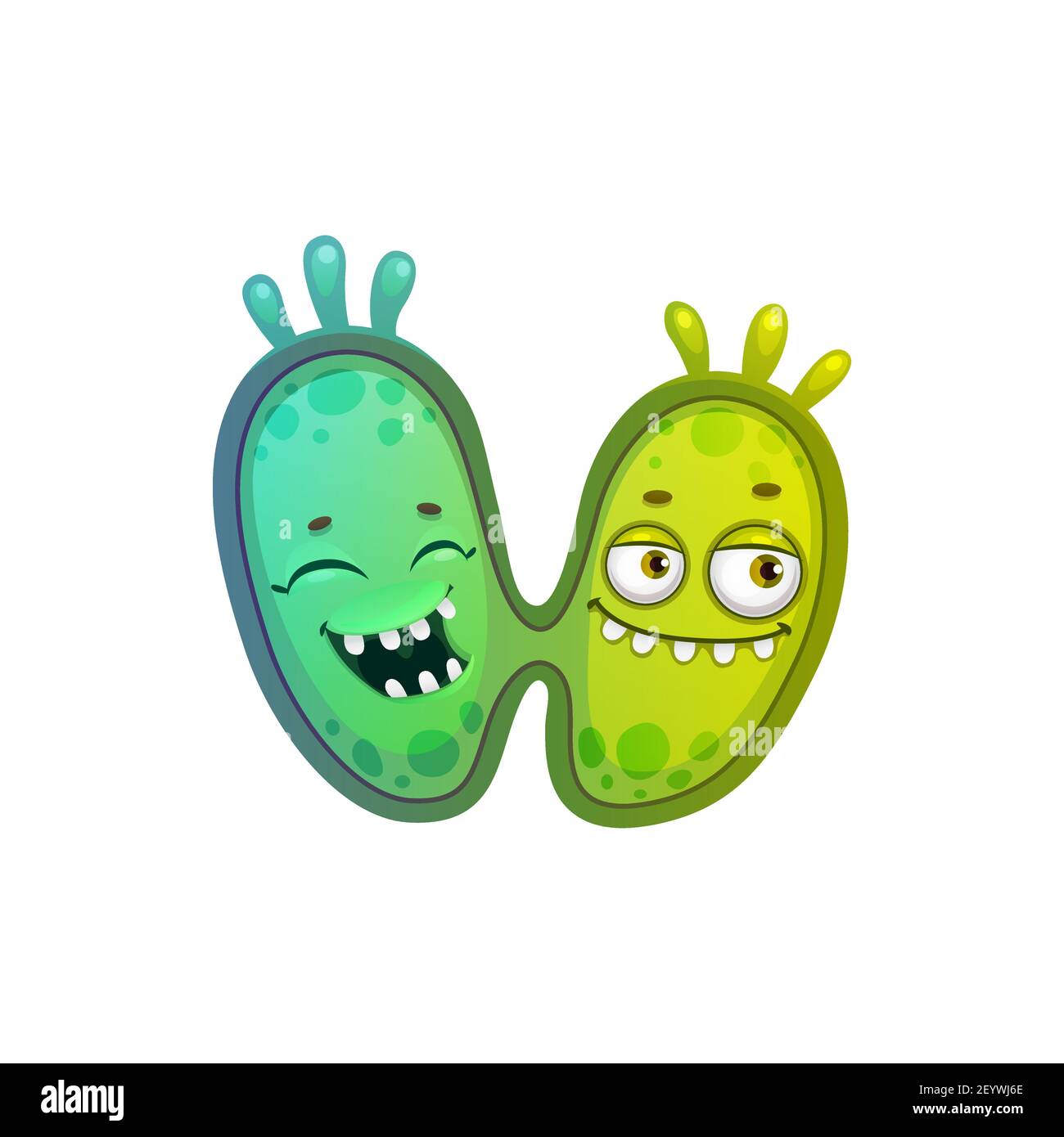 Viruszellen in Mitose isoliert teilenden Bakterien Mikroorganismus. Vector Virus multiplizieren in Cartoon-Stil, lachende Keime Monster Emoticons. Antibiotikum Stock Vektor