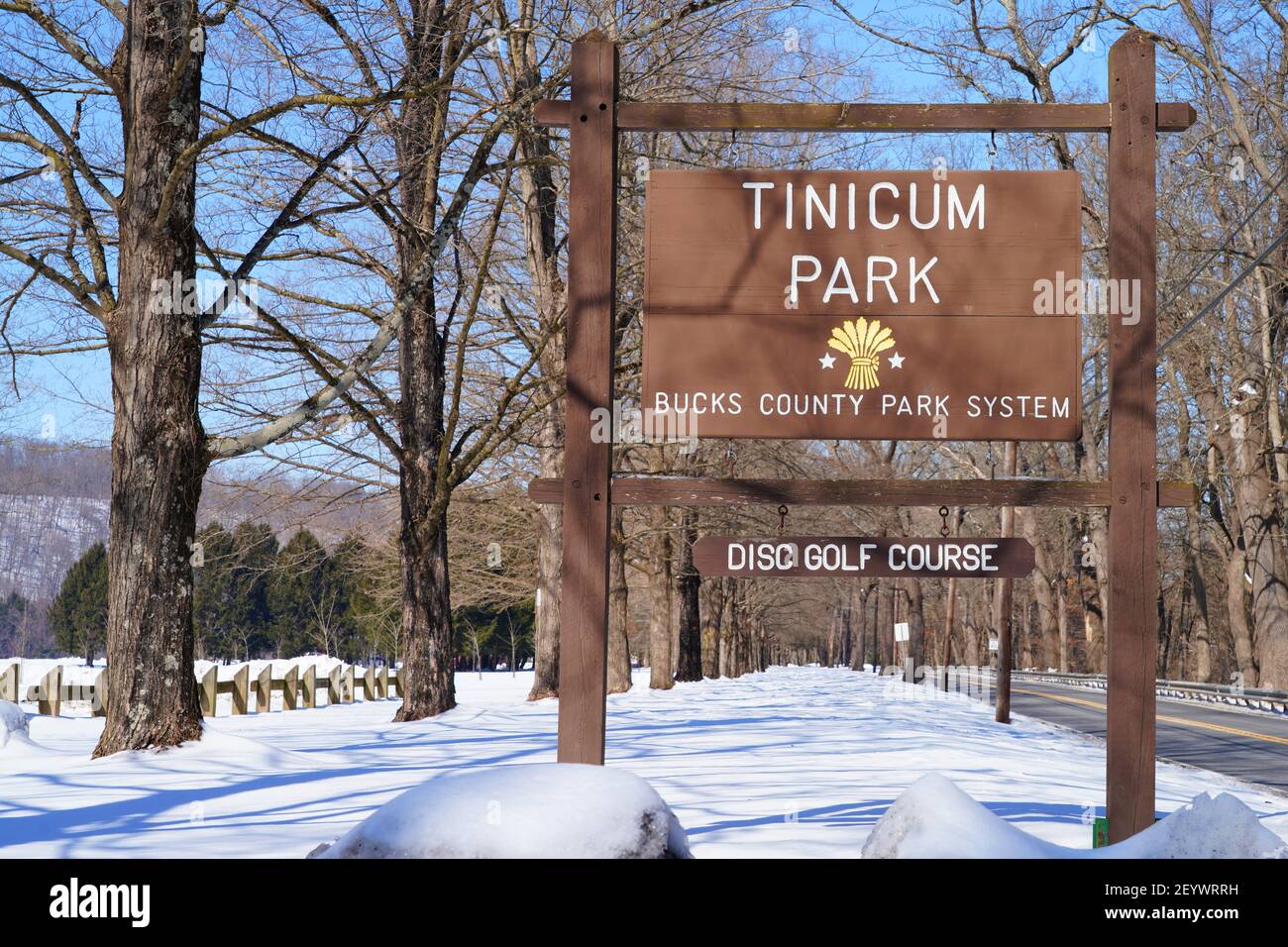 BUCKS COUNTY, PA –21 FEB 2021- Winteransicht des Tinicum Conservancy, ein historisch erhaltenes Farmland in Upper Black Eddy, Bucks County, Pennsylvania, Stockfoto
