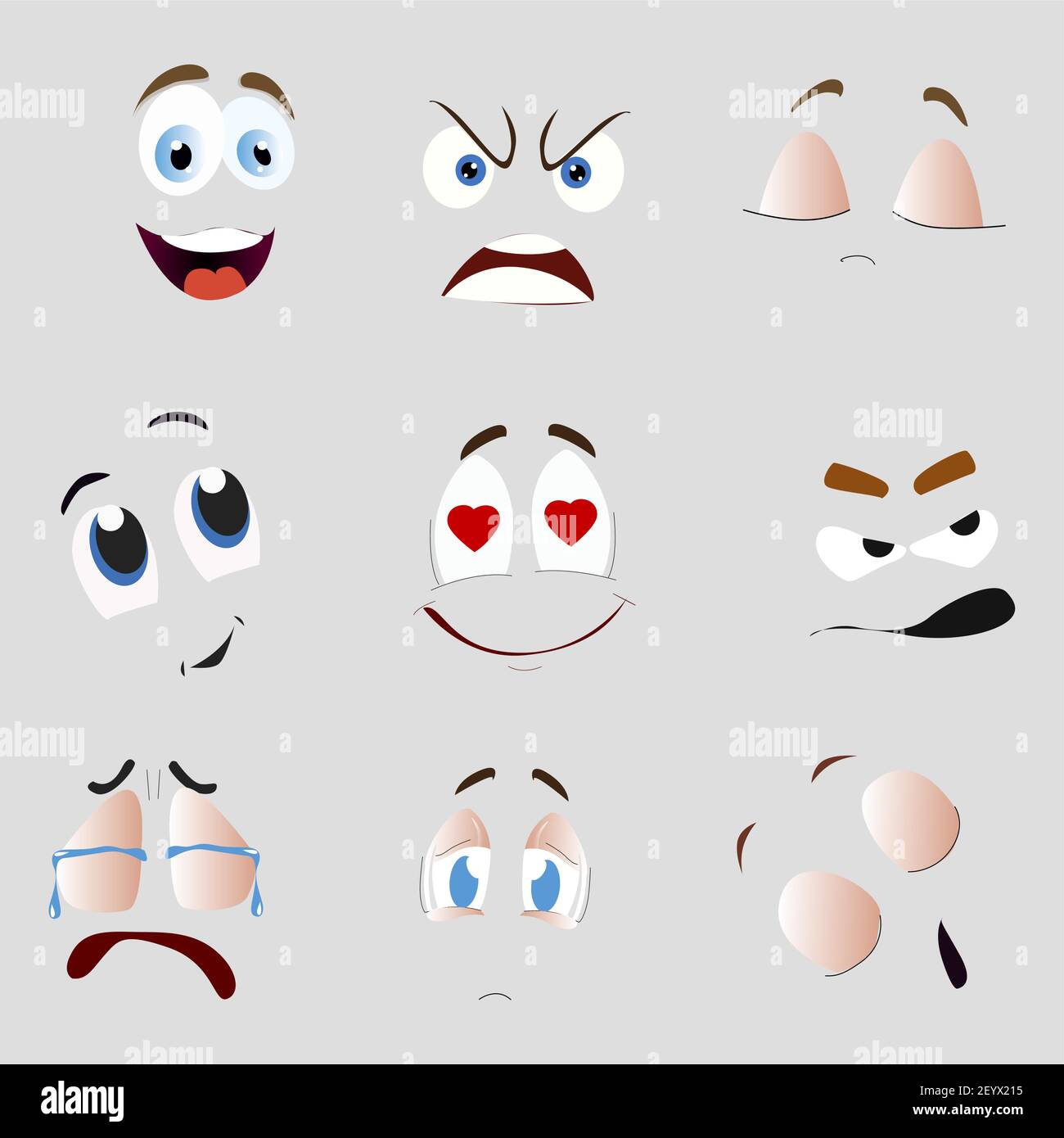 Cartoon Gesicht Lächeln Schrei, wütend und Liebe. Vector Smiley lustiges Gesicht, lachen Emoji, Ausdruck Mund und Augen mit Herz, neugierig und Liebe Illustration Stock Vektor