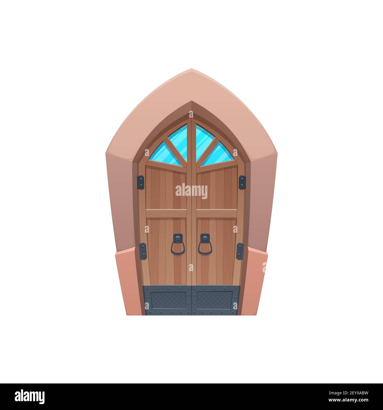 Tor, märchenhafte Tür zum Kerker mit Glasfenster isoliert Ikone. Vector Holztor, Festungseingang zum Turm. Außeneingang zur Festung oder Fai Stock Vektor
