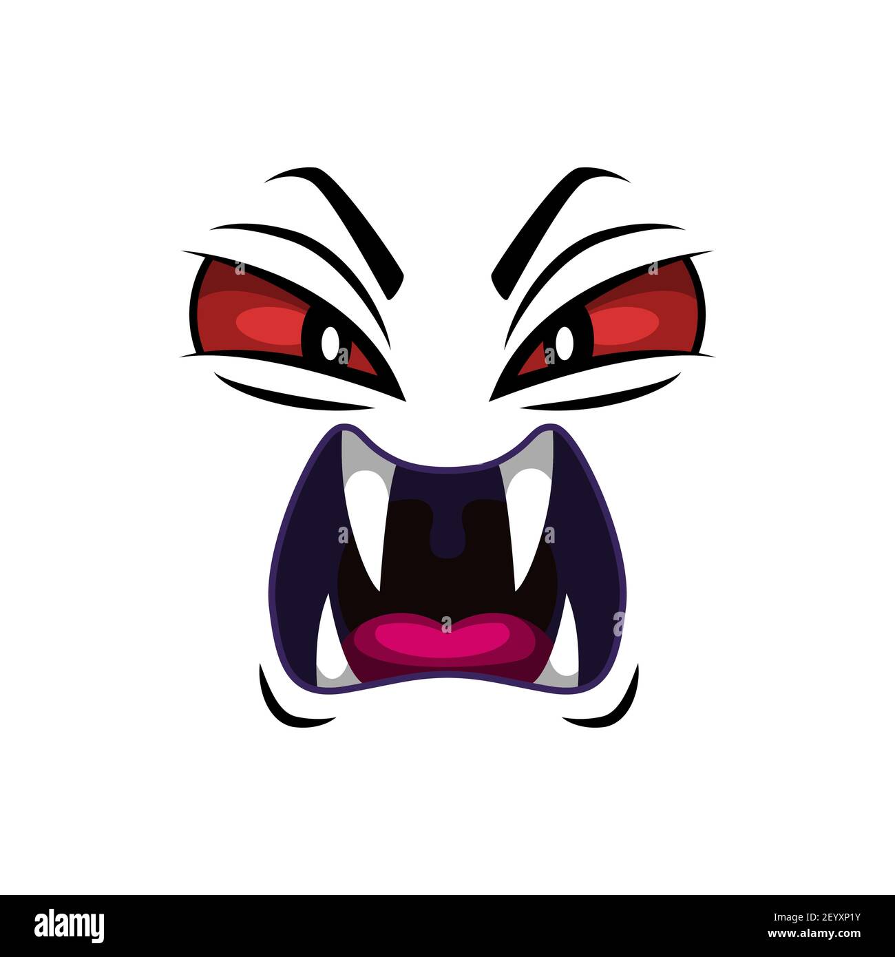 Monster Gesicht isoliert Vektor-Symbol, Cartoon Emoji von wütenden Dämon, Halloween gruselige Kreatur Emotion. Brüllender Teufel mit scharfen Fangen und roten gruseligen Augen Stock Vektor