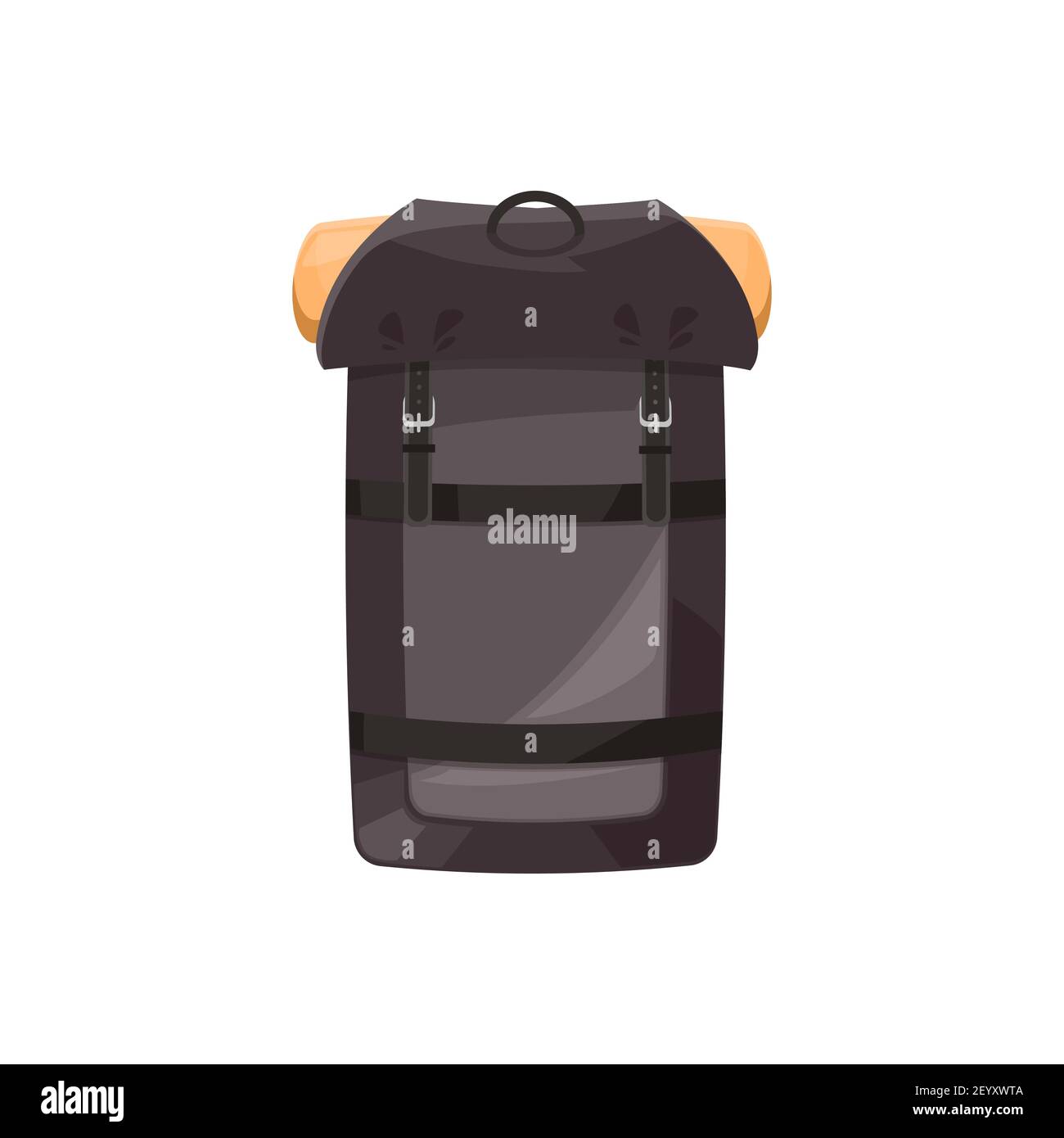Rucksack Vektor-Symbol, Wanderrucksack, Cartoon touristische Camping Rucksack Ausrüstung der schwarzen Farbe mit Matte und Gürtel isoliert auf weißem Hintergrund. Sp Stock Vektor