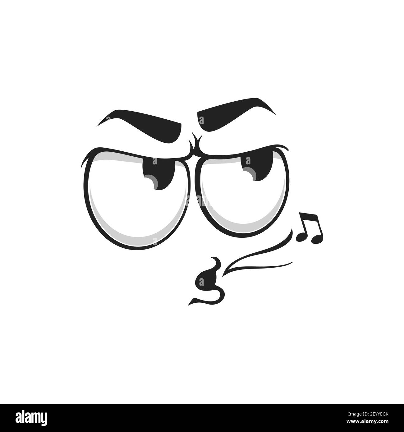 Singende Emoticon isoliert Gesicht Emotion Ausdruck mit Musik Zeichen. Vektor Cartoon Charakter wütend Emoticon, Sänger Gesichtsausdruck. Emoji singen mich Stock Vektor