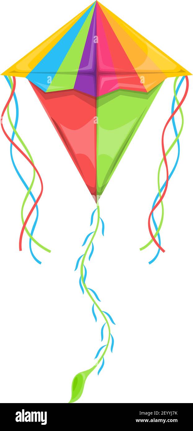 Fliegende Drachen-Ballon von Delta-Form isoliert Regenbogen Farbe Kinder Spielzeug. Vector Kite in Himmel, Outdoor Sommer Aktivität Objekt mit langen Saiten an den Enden. Utta Stock Vektor