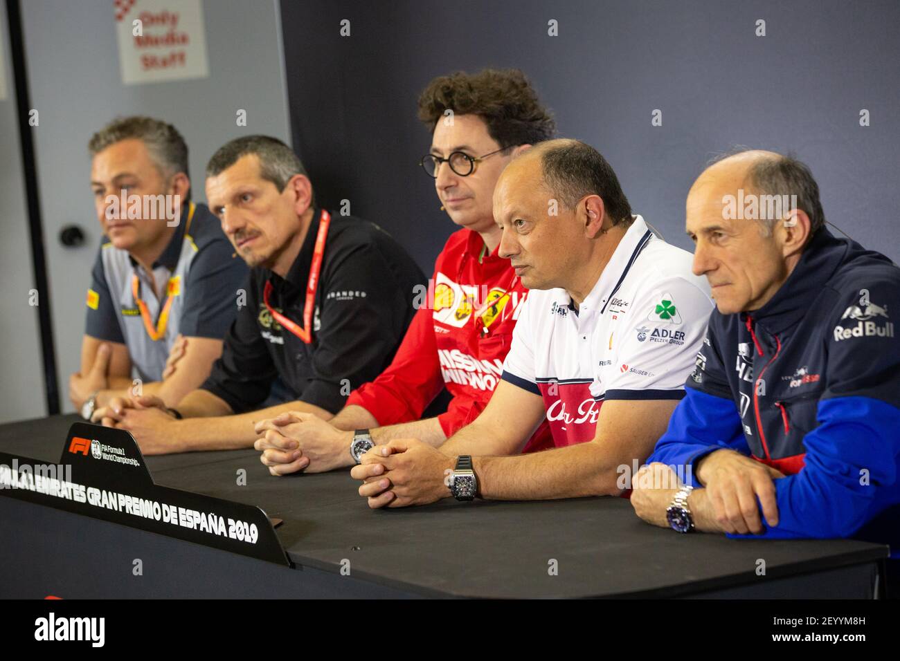 ISOLA Mario (ita), Motorsport Racing Manager von Pirelli, STEINER Guenther (ita), Teamchef des Haas F1 Teams, BINOTTO Mattia (ita), Teamchef & Technischer Direktor der Scuderia Ferrari, VASSEUR Frederic, Teamchef von Alfa Romeo Racing, TOST Franz (aut), Teamchef der Scuderia Toro Rosso, Portrait Pressekonferenz während der Formel 1 FIA Weltmeisterschaft 2019, Spanien Grand Prix, in Barcelona Catalunya vom 10. Bis 12. Mai - Foto Antonin Vincent / DPPI Stockfoto