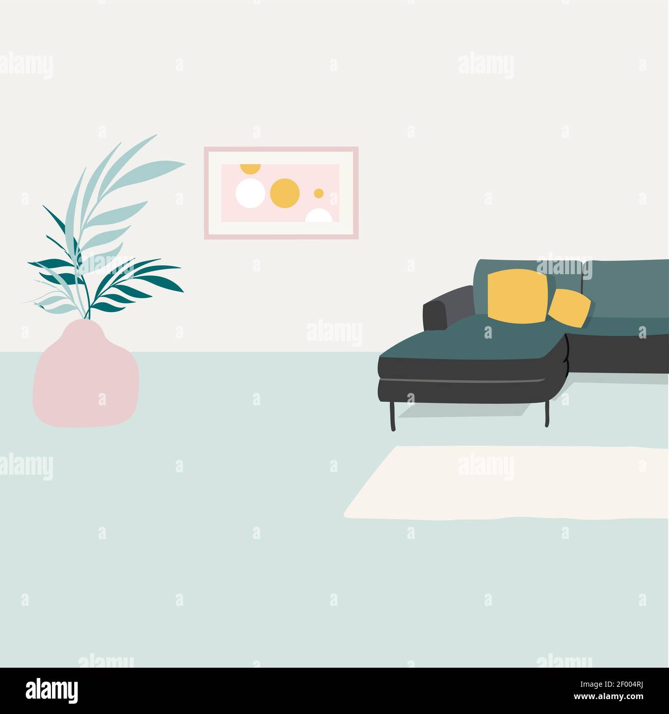 Wohnzimmer mit Sofa-Flat-Design. Vector Inneneinrichtung, Wohnzimmer Design, moderne Wohnung mit Lampe und Tisch Illustration Stock Vektor