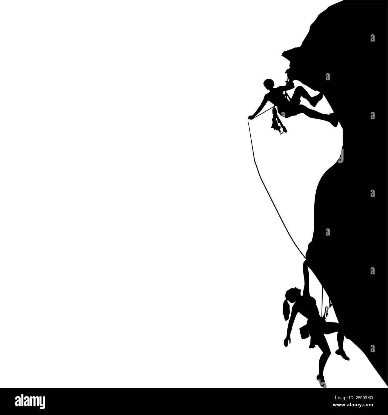 Mann und Frau klettern schwarze Silhouette, Aktivität Sicherheit Kletterer, extreme Felsklettern schwarz weiß, Teamarbeit Bergsteiger Hilfe, Vektor illustrat Stock Vektor