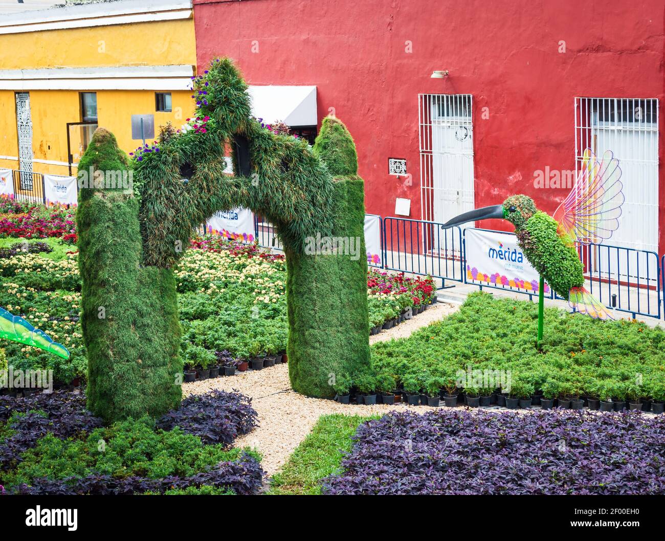 Ausstellung von Blumen- und Pflanzenskulpturen in Merida, Yucatan, Mexiko. Kolibri Pflanze Skulptur umgeben von Blumenbeeten. Stockfoto