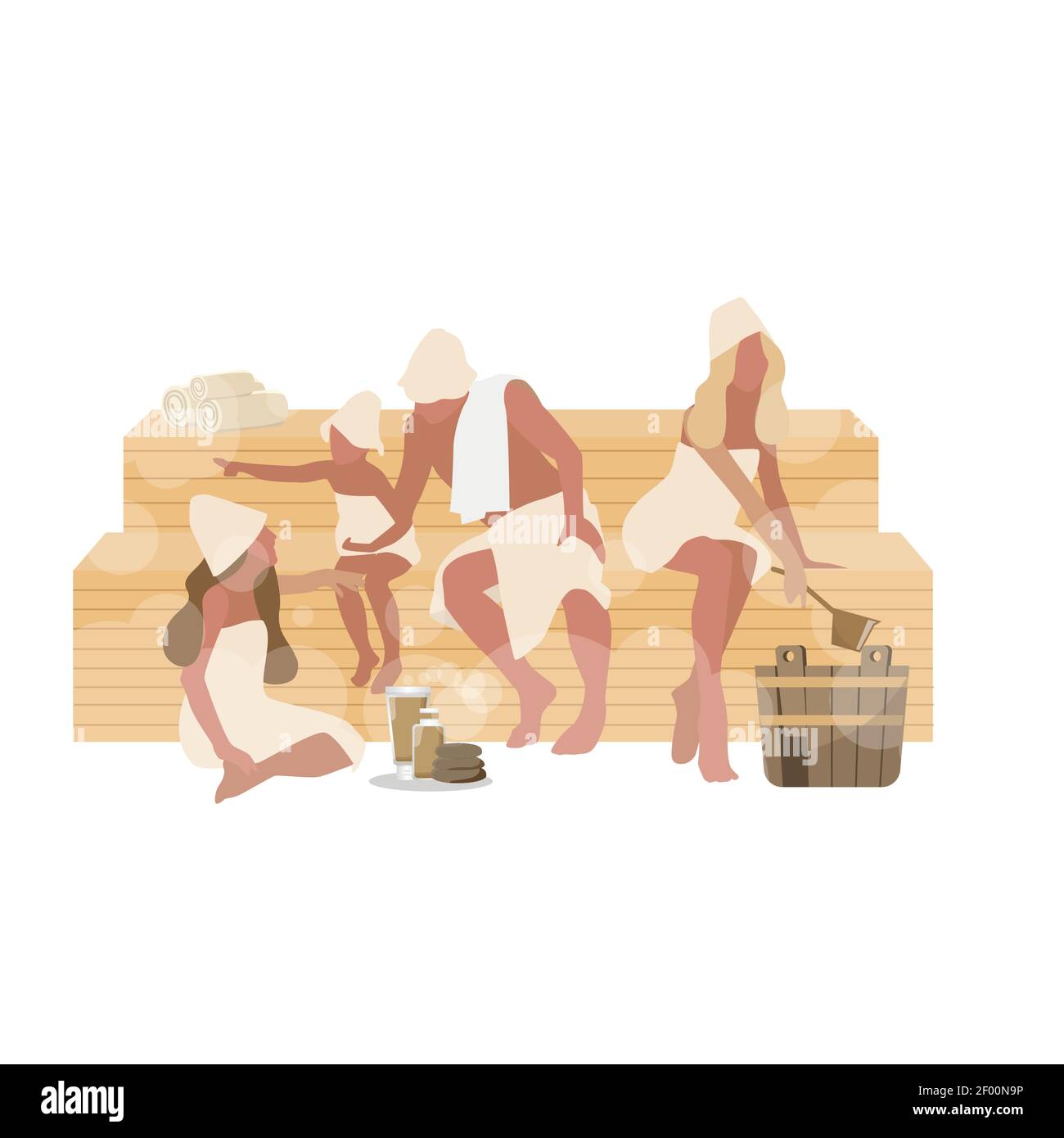 Familienruhe in der Sauna, Gesundheit und Entspannung. Komfortable Badedampf, Menschen im Bad, Sauna Spa-Therapie, Badehaus Behandlung zu Hautpflege, Vektor-illu Stock Vektor