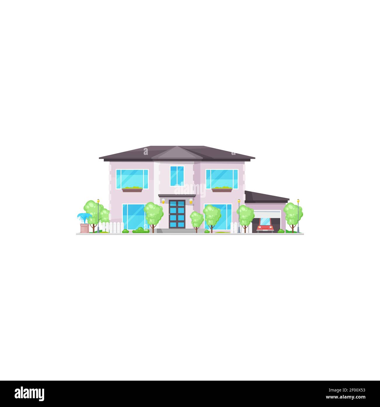 Vorstadt Herrenhaus, Immobilien-Gebäude zum Verkauf oder zur Miete, Cartoon-Chalet mit Bäumen isoliert Ikone. Vector Landhaus-Villa mit Panoramafenstern, Eingang d Stock Vektor