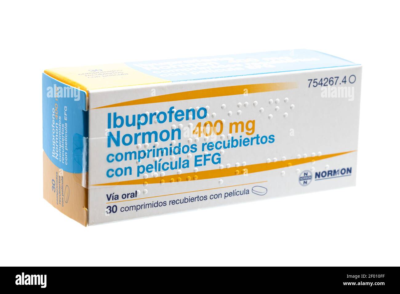 Huelva, Spanien - 6. März 2021: Spanische Box von Ibuprofen, ist ein Medikament entzündungshemmend. Verwendet für Schmerzen, Fieber und Entzündungen, schmerzhafte Menst Stockfoto