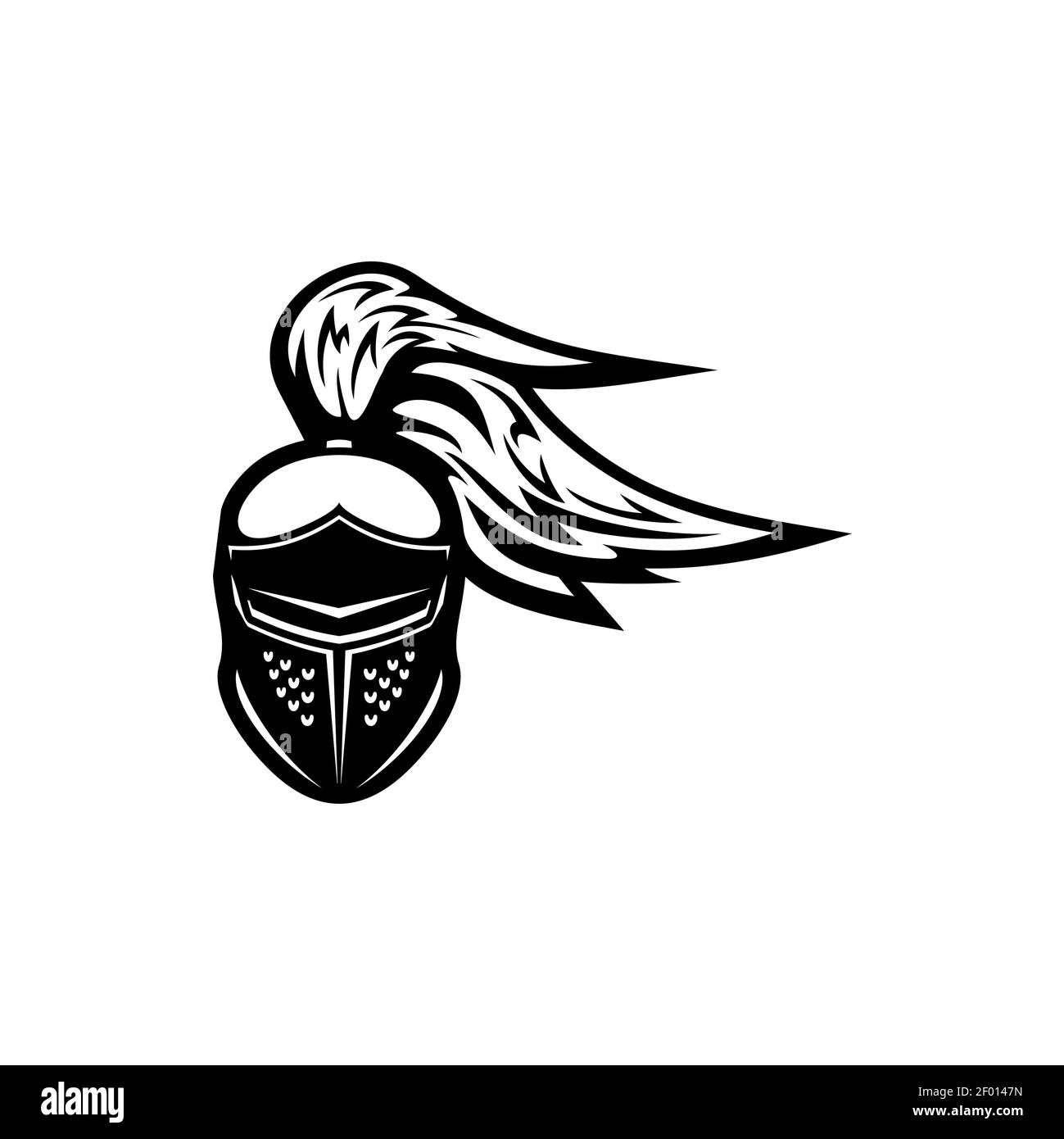 Gladiator Helm mit Federn isoliert monochromen Symbol. Vektor Kreuzritter Kopfbedeckung, mittelalterlicher Ritter Kopf, Sport Maskottchen Emblem. Alte Schutzkappe mit Stock Vektor