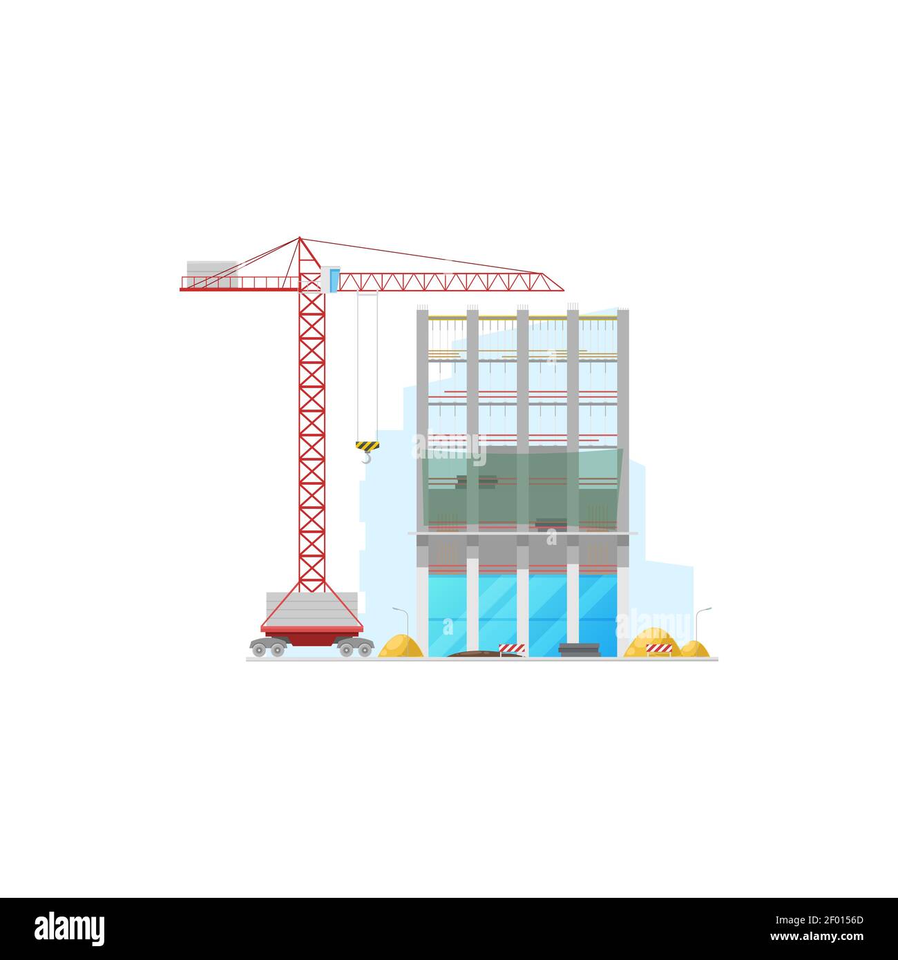 Hohe Bürogebäude Konstruktion isoliert Fassade und Hebekran Symbol. Vector Maschinen und Stoppschilder, Stapel von Baumaterialien. Hauskonstruktion Stock Vektor