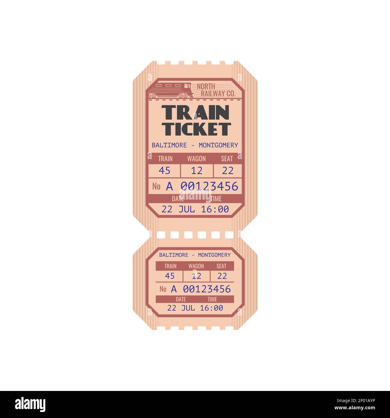 Nordbahnticket von Baltimore nach Montgomery isoliertem Mockup. Vector American Control Tear-off-Papierticket. Eintritt zur Bahnfahrt Stock Vektor