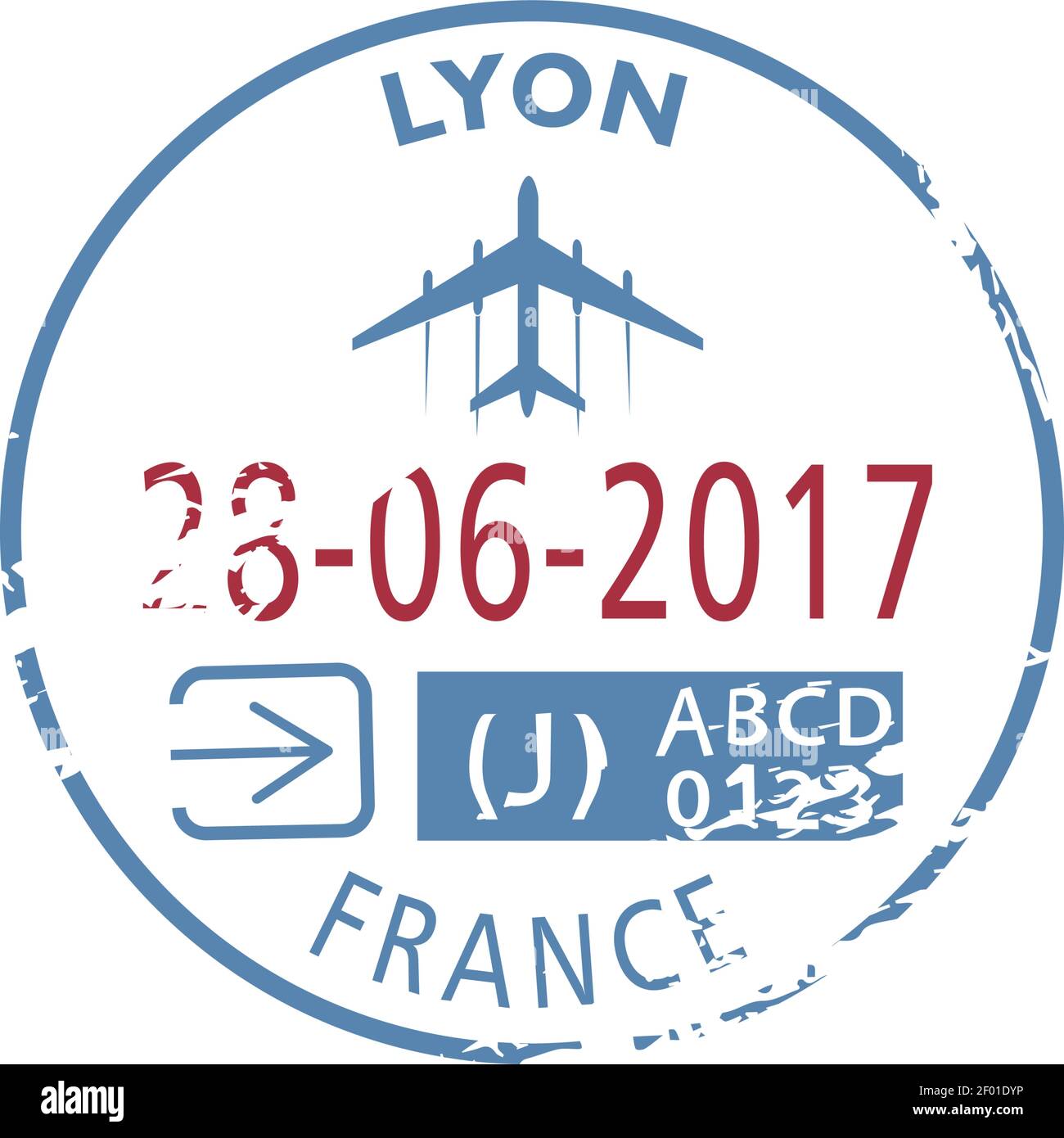 Lyon Ankunftsstempel nach Frankreich isoliert. Vektor-Zeichen im Reisepass mit Datum und Flugzeug, Visum oder Einwanderung Siegel Stock Vektor
