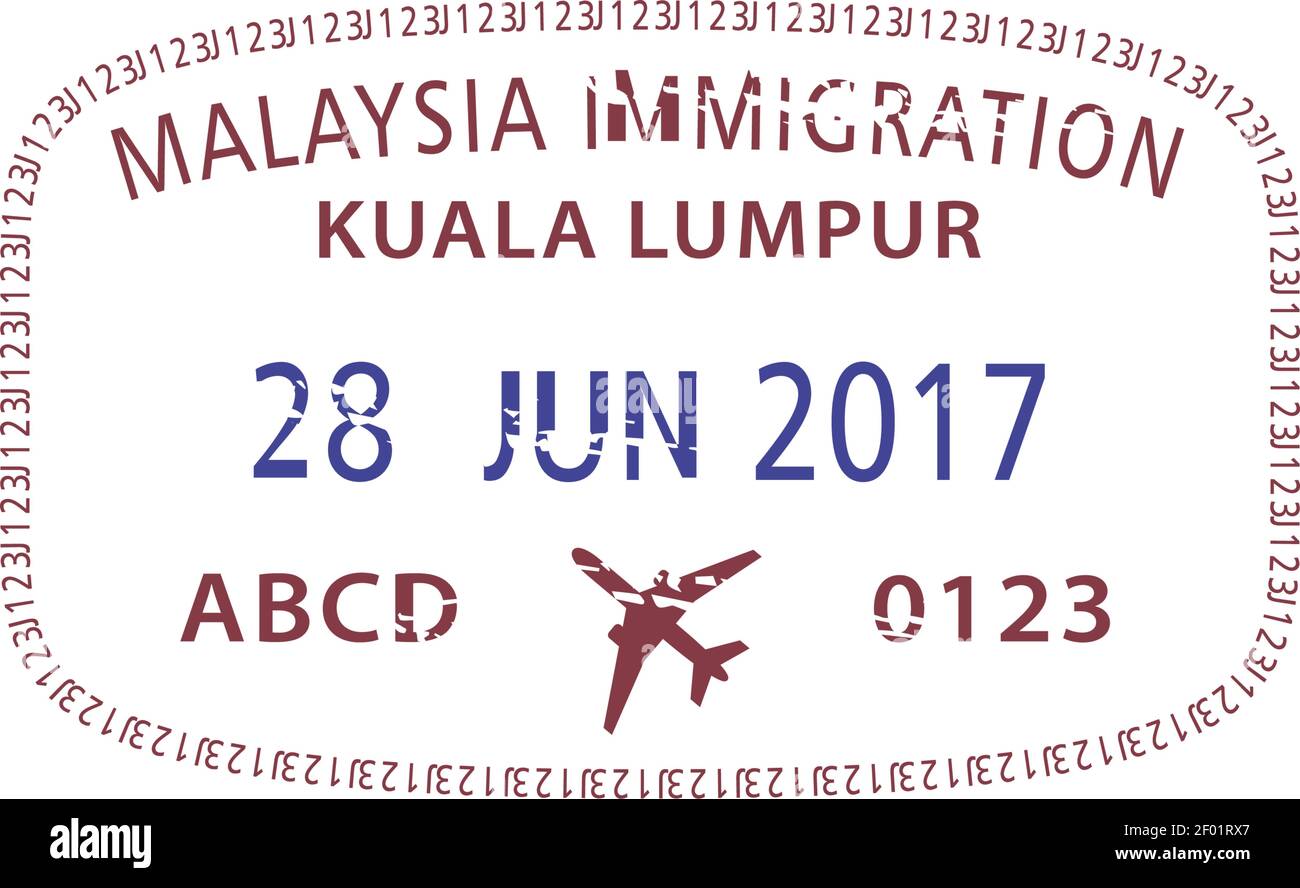 Kuala Lumpur Visum Flughafen Ankunftsstempel isoliert. Vektor Malaysia Einwanderungszeichen, Grenzübergangskontrolle Stock Vektor