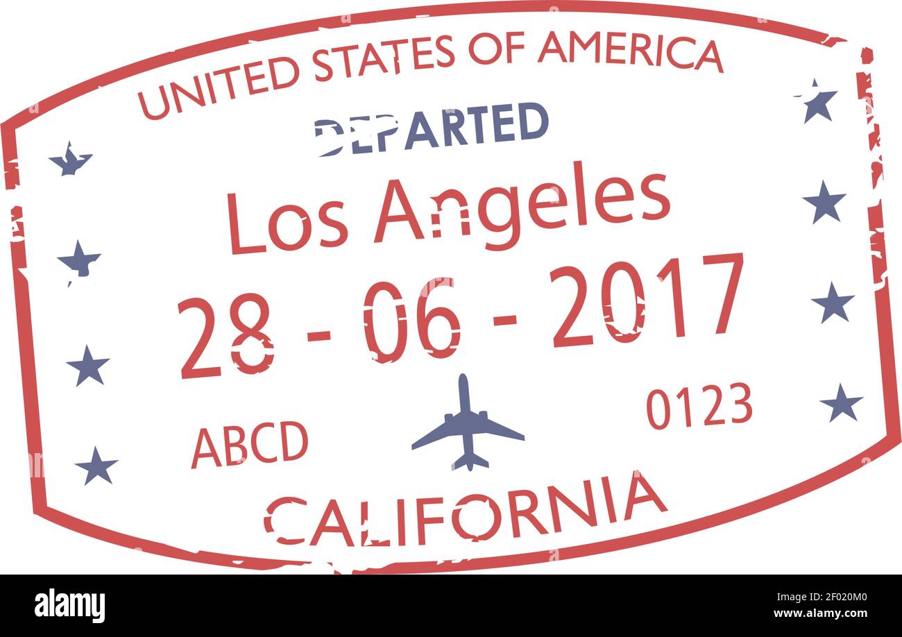 Abreise aus Los Angeles, Kalifornien isoliert Visa-Stempel. Vector US Grenzkontrolle Zeichen im Reisepass Stock Vektor