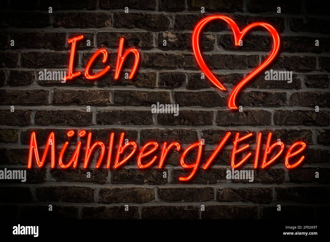 Leuchttreklame, Ich liebe Mühlberg/Elbe, Brandenburg, Deutschland, Europa Ich liebe Mühlberg/Elbe, Brandenburg, Deutschland, Europa Stockfoto