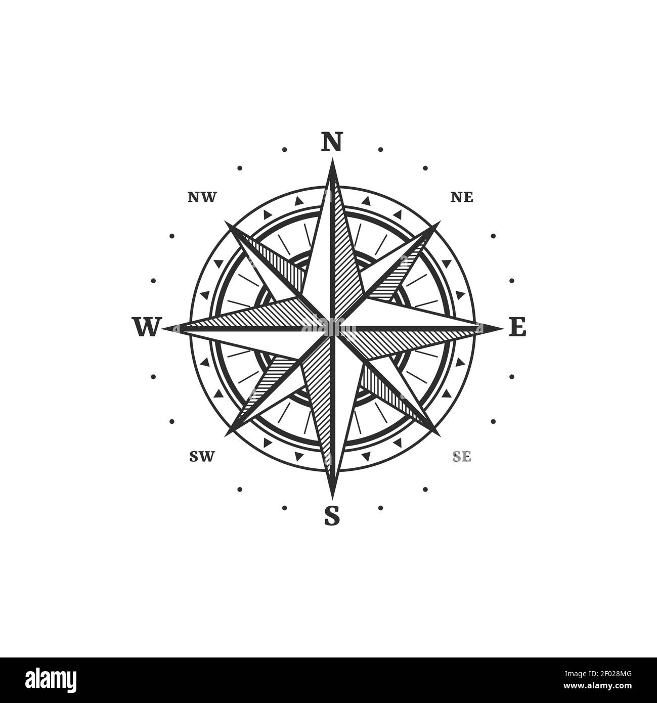Maritime Navigationsausrüstung, Retro windrose isoliert monochrome Ikone. Vector Vintage Kompass, marine Orientierungsinstrument mit Zifferblatt und Pfeilen, po Stock Vektor