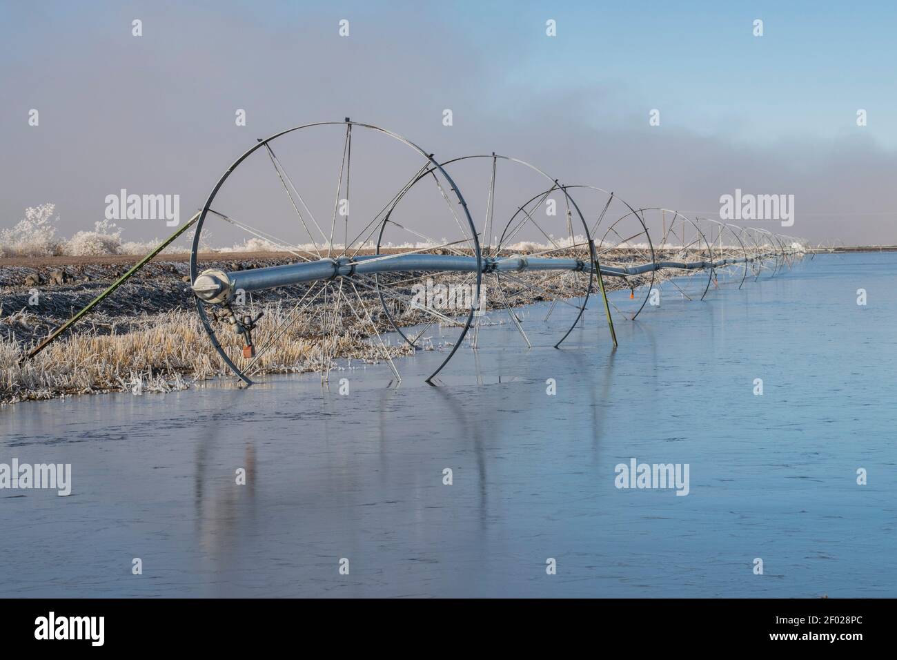 Bewässerungsräder Verbringen Sie den Winter in einem eisigen Feld in der Nähe von Klamath Falls, Oregon. Die Region ist bekannt für den Anbau von Kartoffeln und Luzerne. Stockfoto