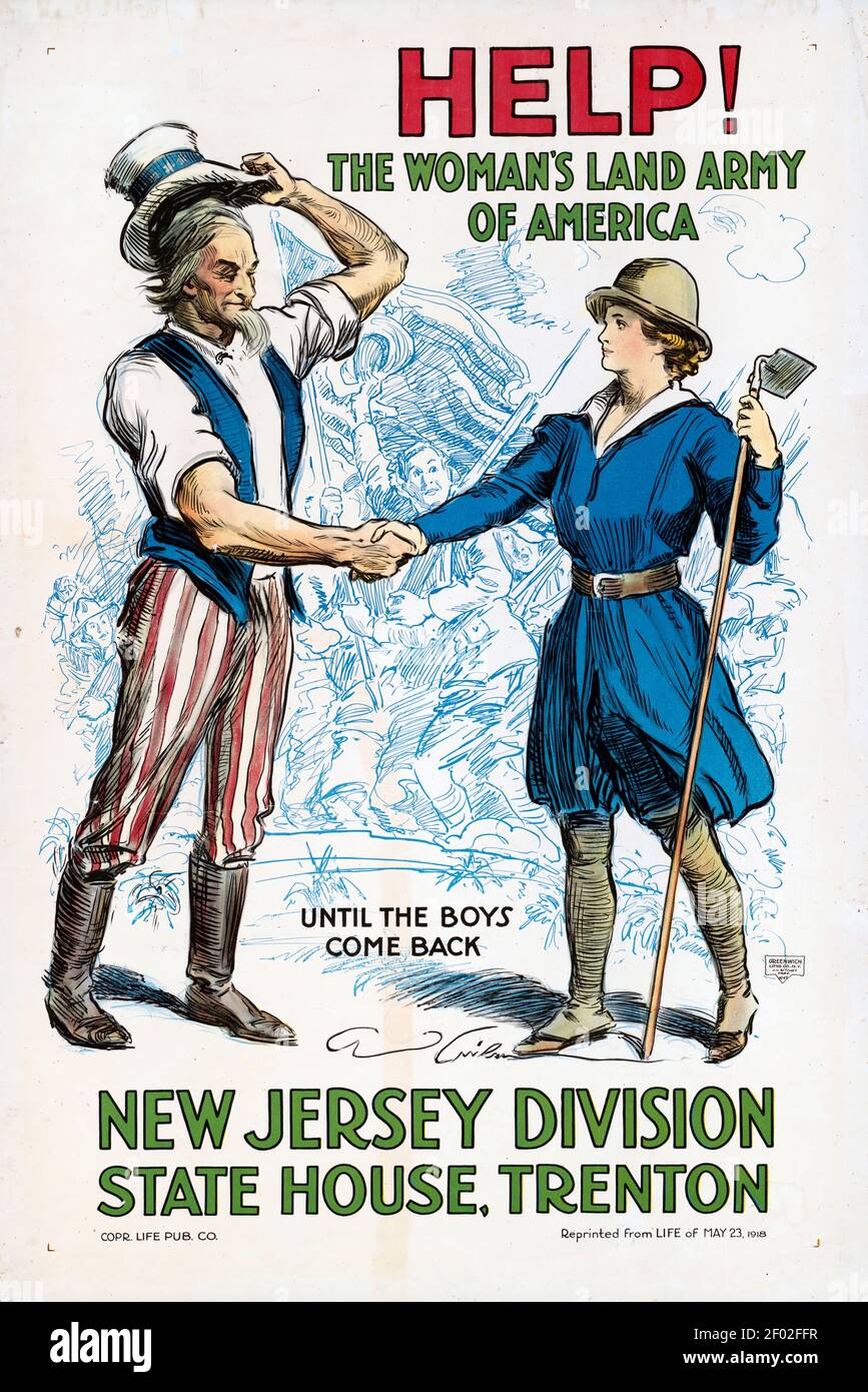 Hilfe! Die Landarmee der Frau von Amerika. Bis die Jungen zurückkommen. New Jersey Division. State House. Trenton. Armee-Poster oder Werbung. Stockfoto