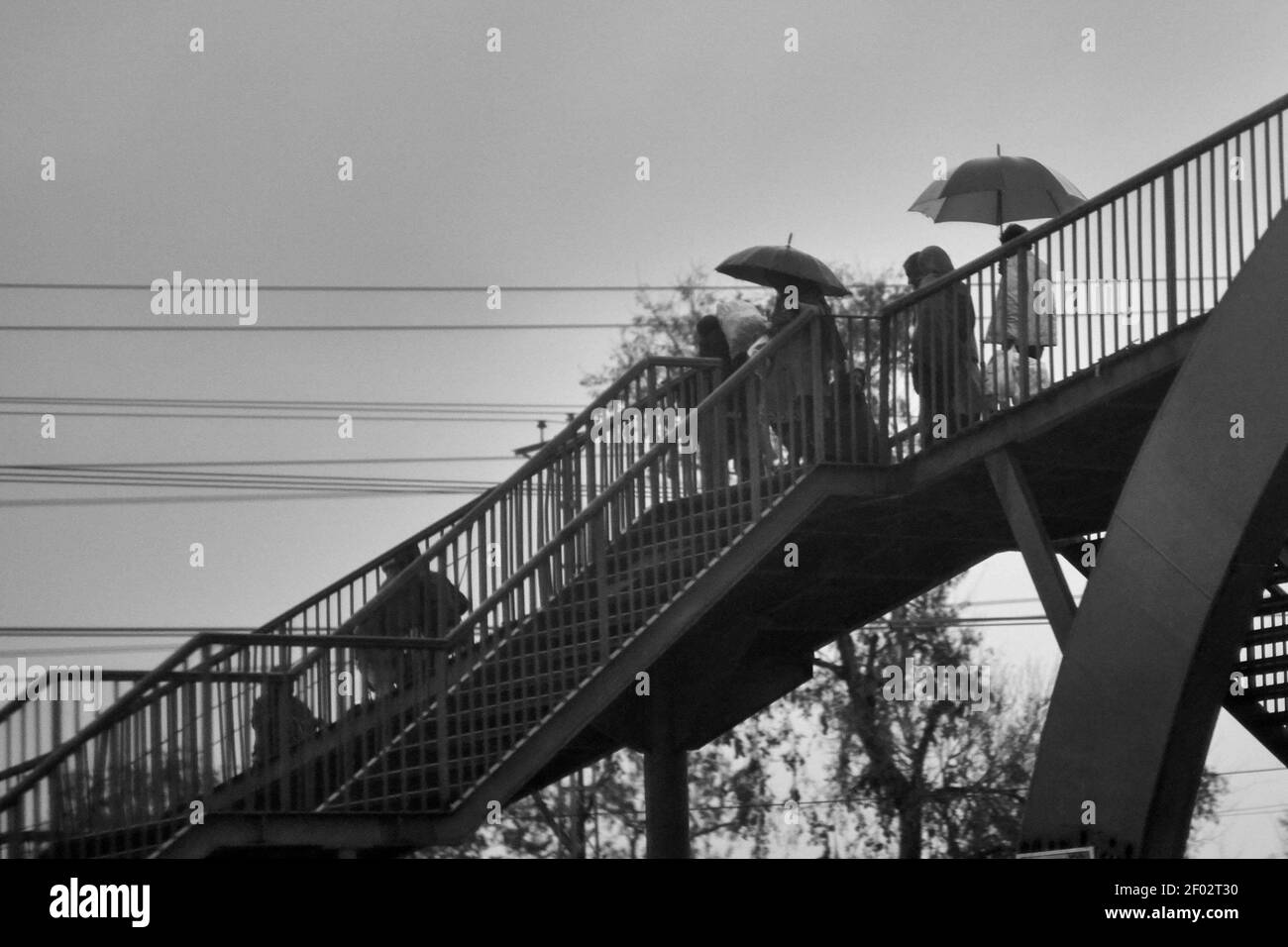 Eine Graustufenaufnahme von Leuten mit Regenschirmen, die auf dem laufen Brückentreppen Stockfoto