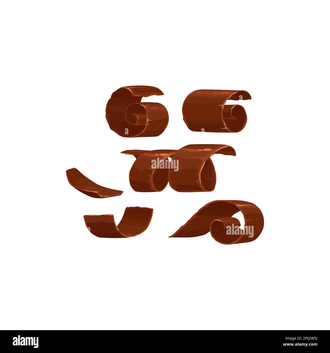 Schokoladenspäne oder Stück Locken von Milch oder dunkle Schokolade, Vektor isolierte Symbole. Schokoladenspäne und Spiralrollen, Kakaofutter und Süßigkeiten süß de Stock Vektor