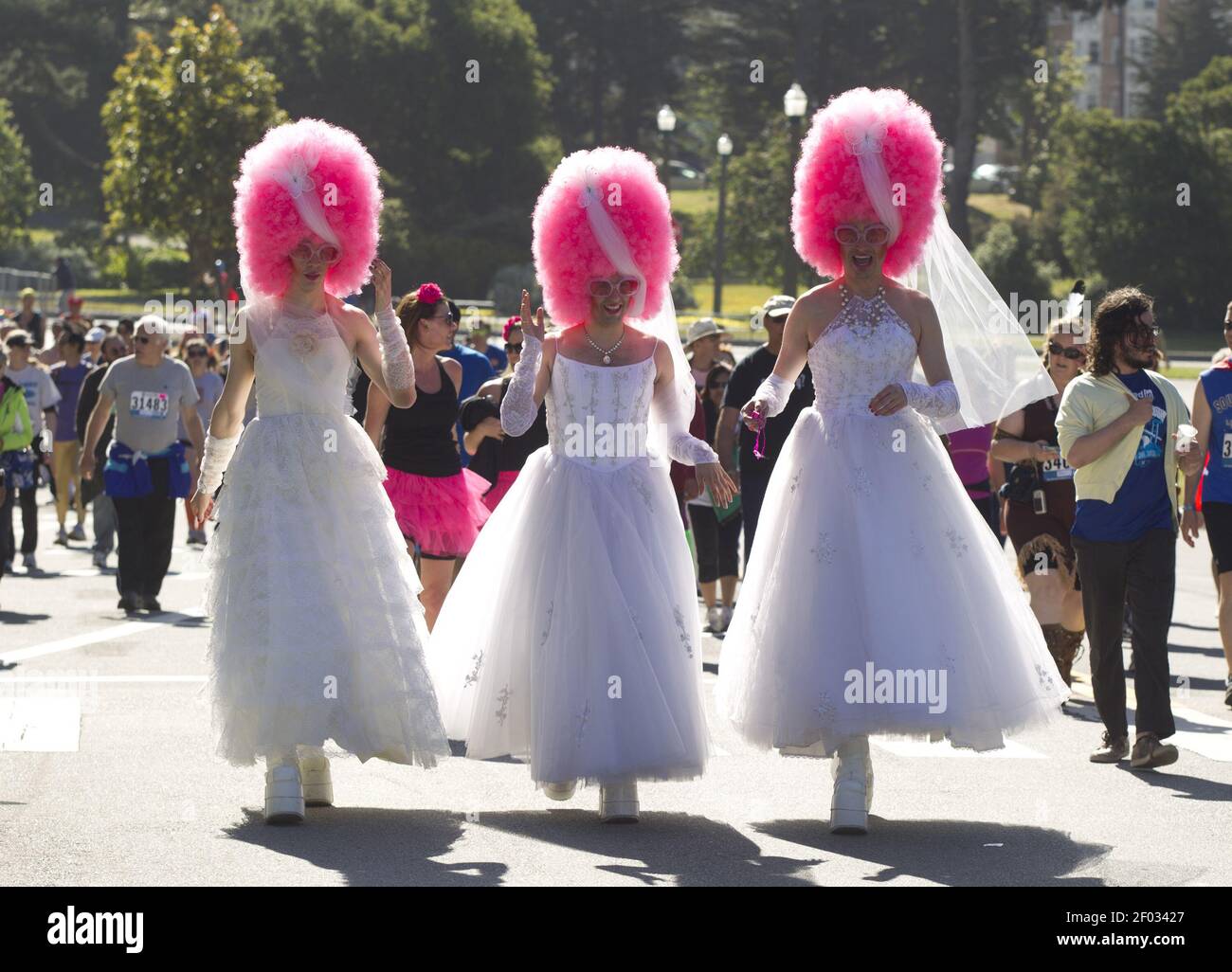 Die Pink Brides -- Erik Ilyason, Maher (der einen Namen trägt) und Todd Snook aus San Francisco, von links -- machen ihren Weg durch den Golden Gate Park während des 101st Bay to Breakers Footrace, Sonntag, 20. Mai 2012 in San Francisco, Kalifornien. „Wir sind Single und wir sind bereit!“ Snook. Mehr als 50.000 Teilnehmer nahmen an dem 7,46-Meilen-Rennen Teil, von Elite-Läufern bis zu solchen, die in Kostümen liefen - oder gar nichts. (Foto von D. Ross Cameron/Contra Costa Times/MCT/Sipa USA) Stockfoto