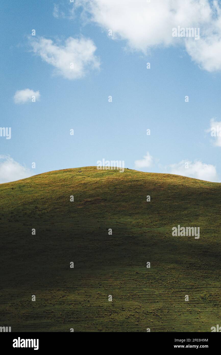 Grasiger Hügel unter blauem Himmel mit Wolken Stockfoto